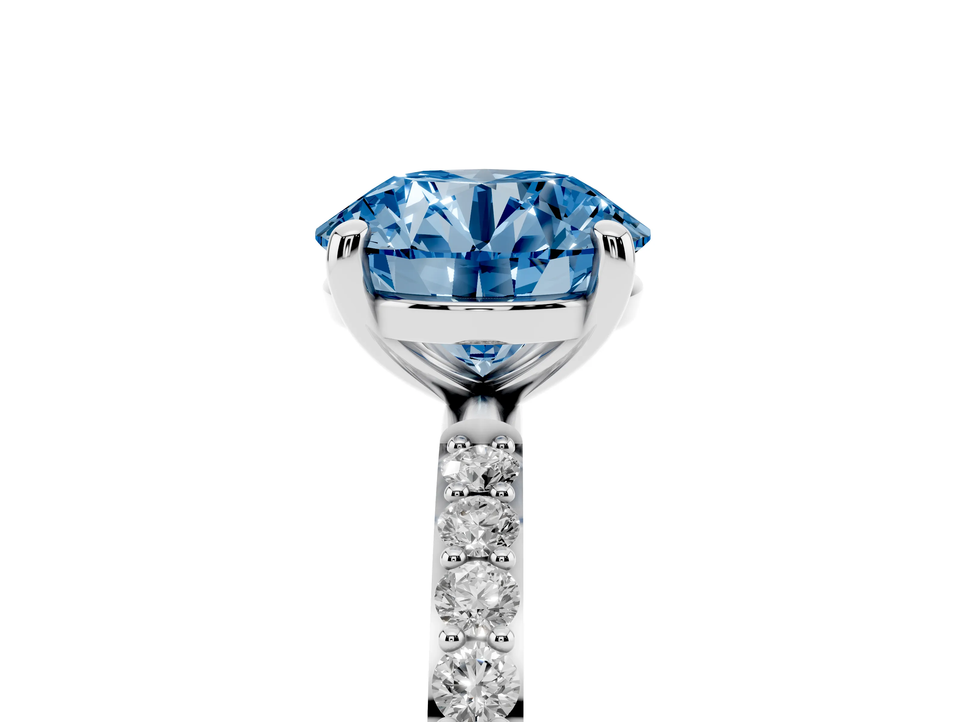 Fancy Blue Round Cut Diamond Solitaire Ring Set in Platinum with Round Pavé Band and Prong Setting