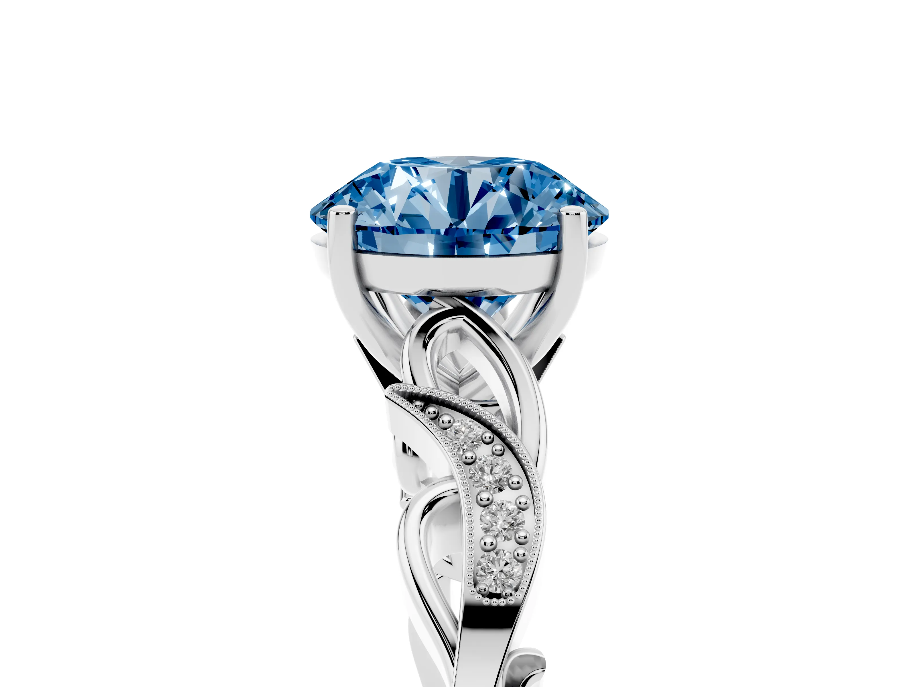 Fancy Blue Round Cut Diamond Vine Band Solitaire Ring Set in Platinum with Milgrain Prong Setting
