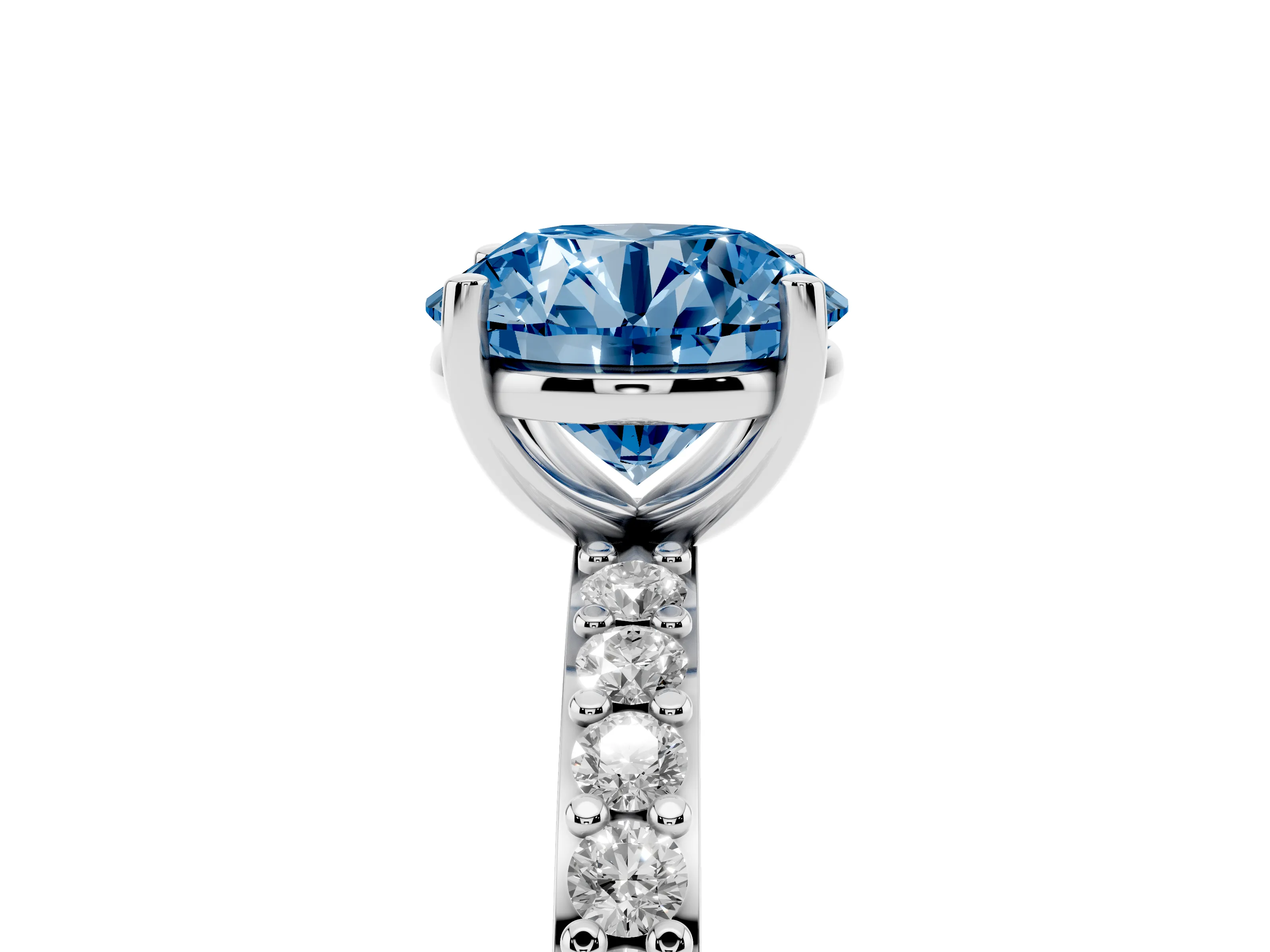 Fancy Blue Round Cut Diamond Solitaire Set in Silver with Round Pavé Band and Prong Setting
