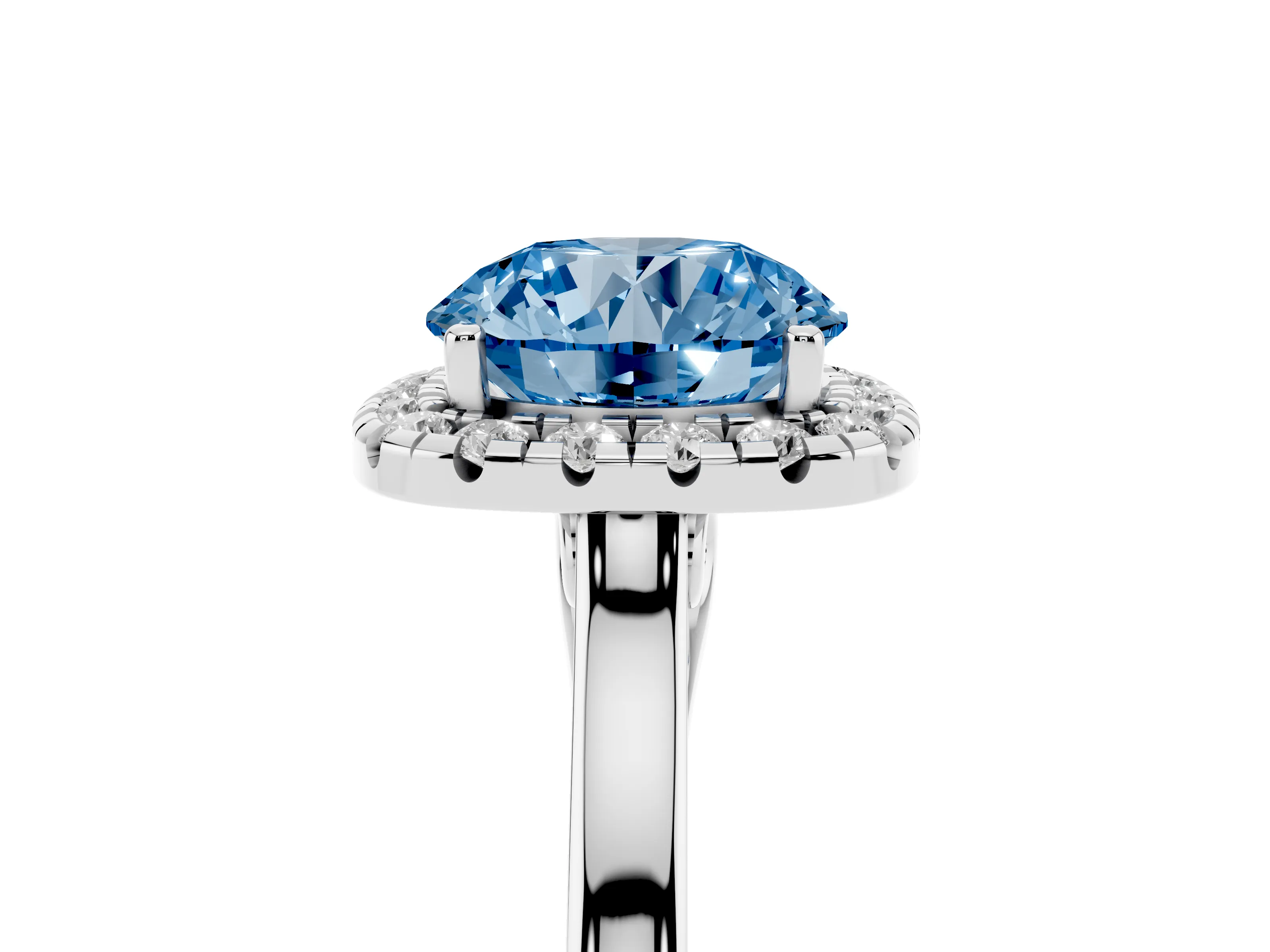 Fancy Blue Round Cut Halo Round Diamond Solitaire Ring Set in White gold with Pavé Band and Prong Setting