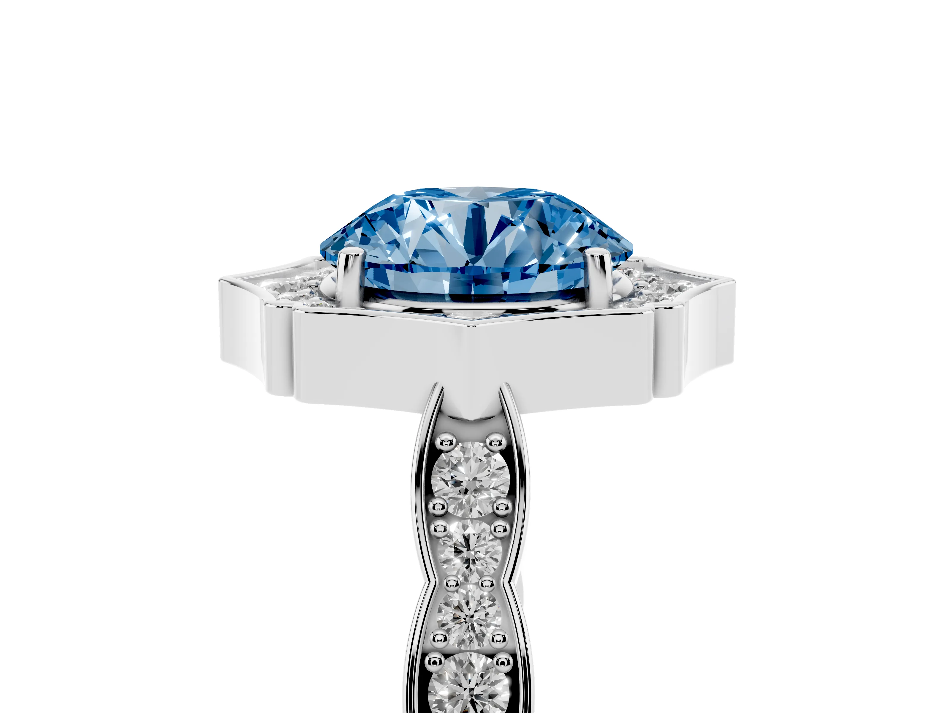 Fancy Blue Round Cut Diamond Halo Engagement Ring Set in White gold with Milgrain Band and Prong Setting