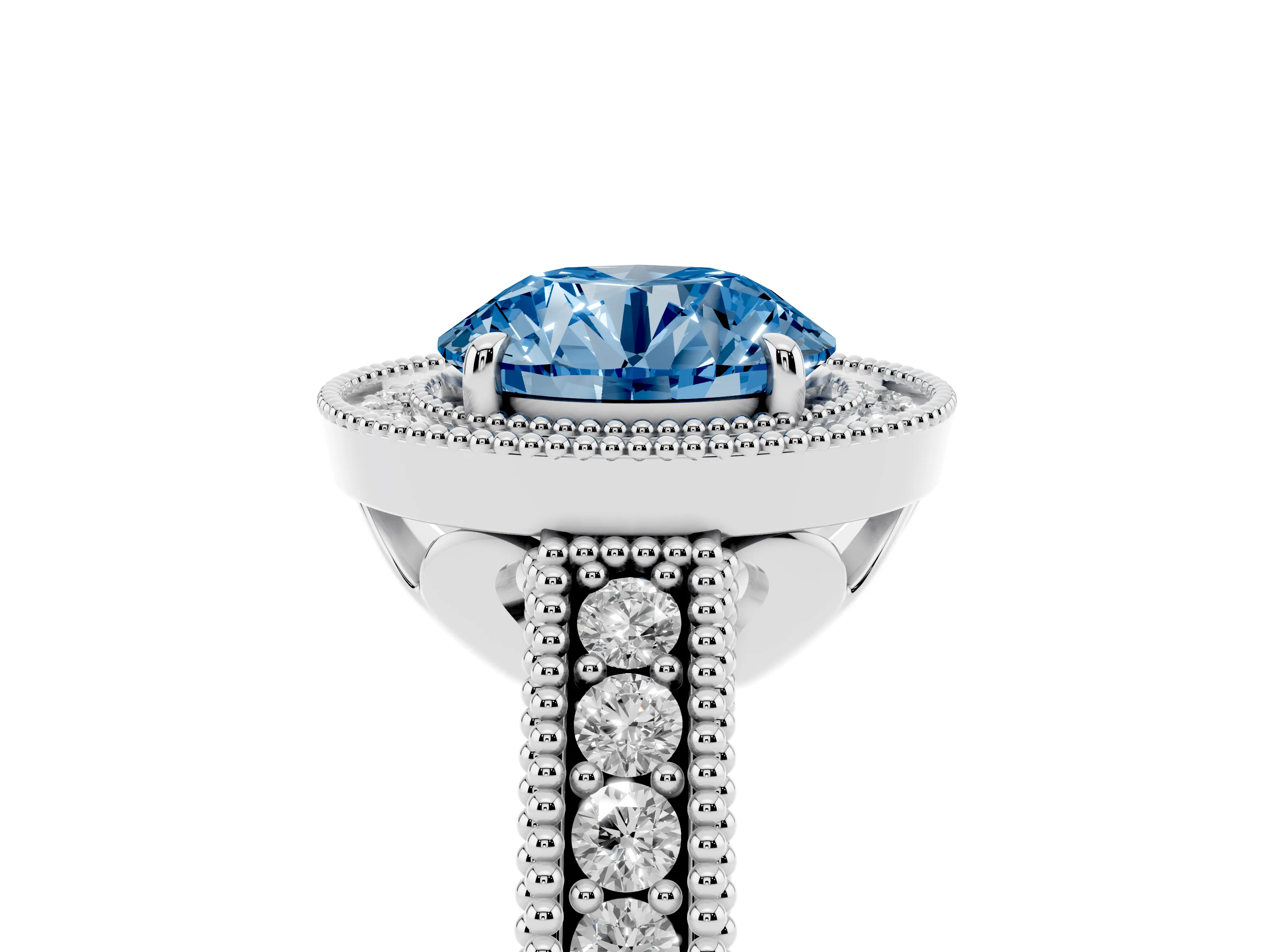 Fancy Blue Round Cut Diamond Halo Ring Set in Platinum with Round Accent Halo, Pavé Band and Prong Setting