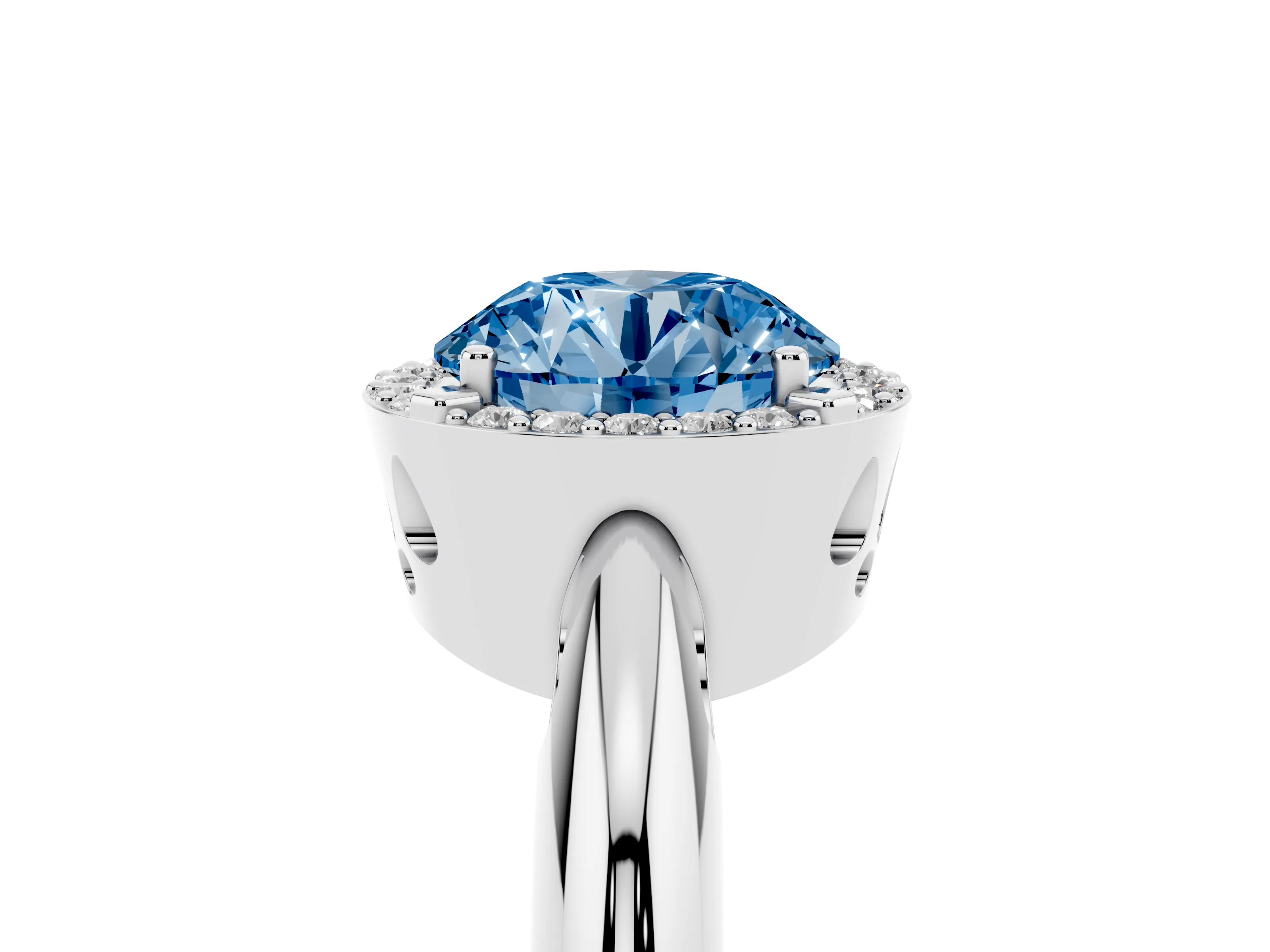 Fancy Blue Round Cut Diamond Halo Engagement Ring Set in Silver with Plain Split Shank and Prong Setting