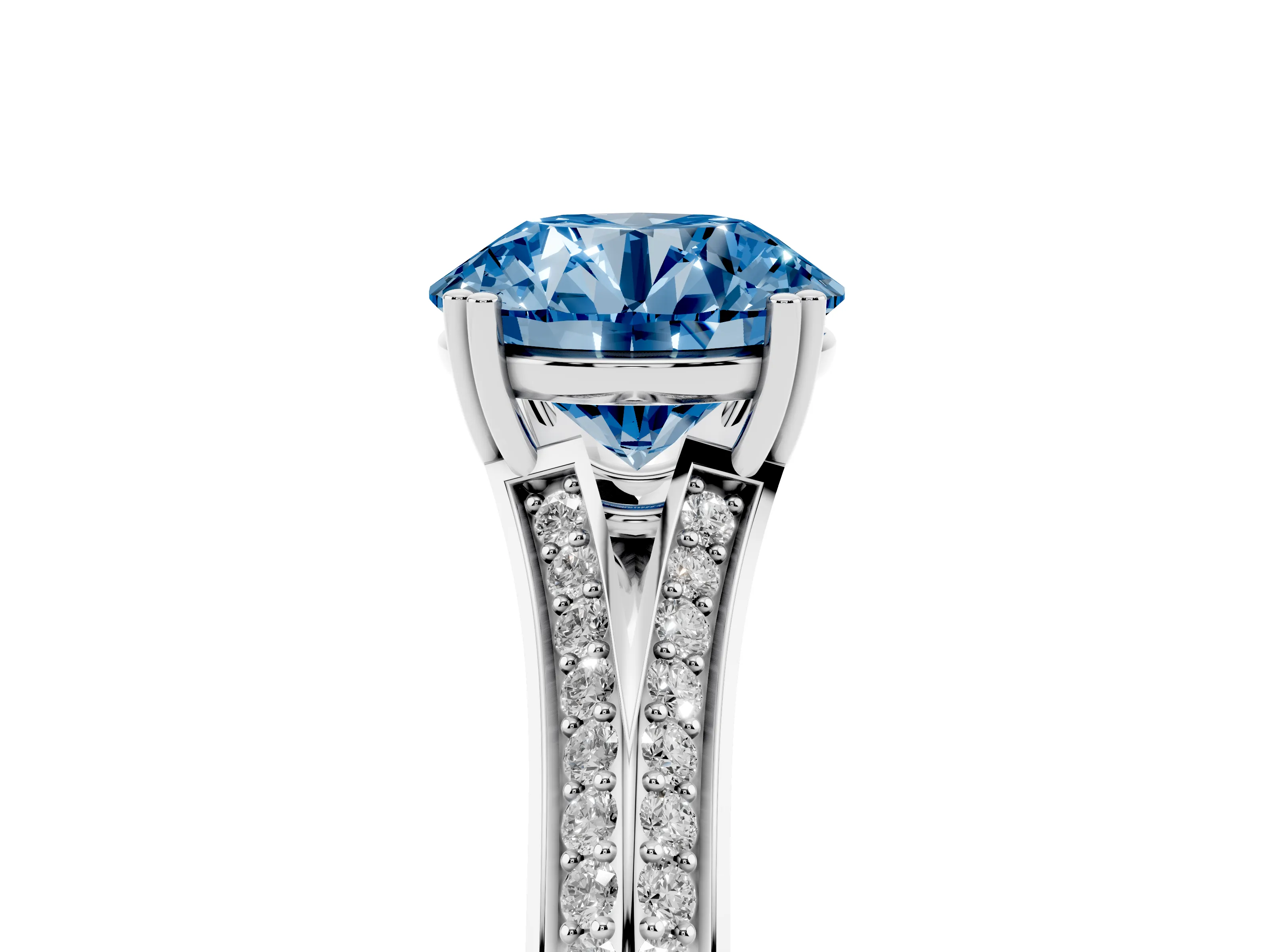 Fancy Blue Round Cut Diamond Split Shank Pavé Engagement Ring Set in Silver with Prong-Set Center Stone