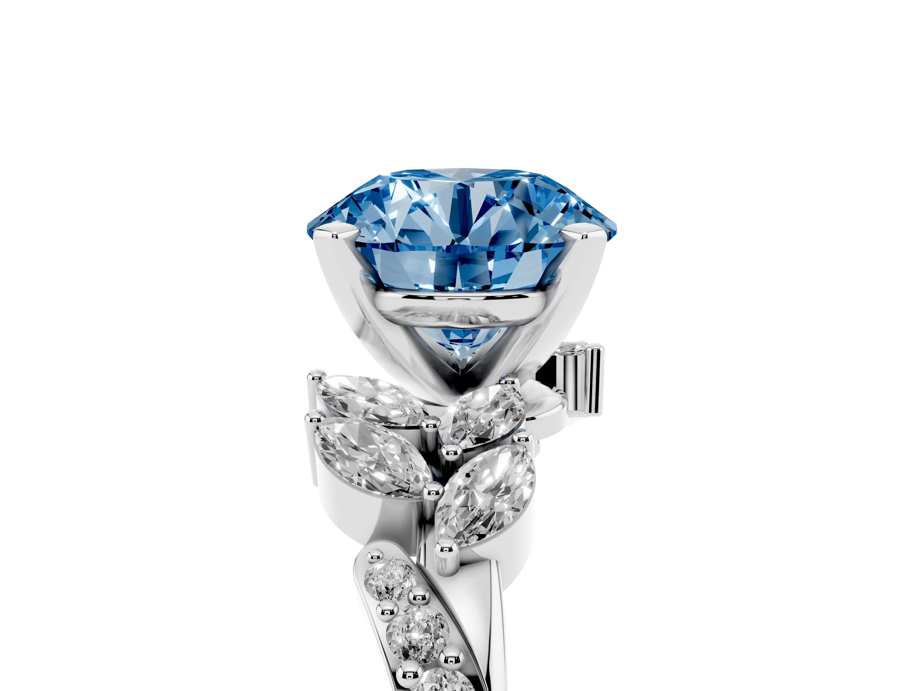 Fancy Blue Round Cut Diamond Solitaire Ring Set in Silver with Marquise Twist Band and Prong Setting
