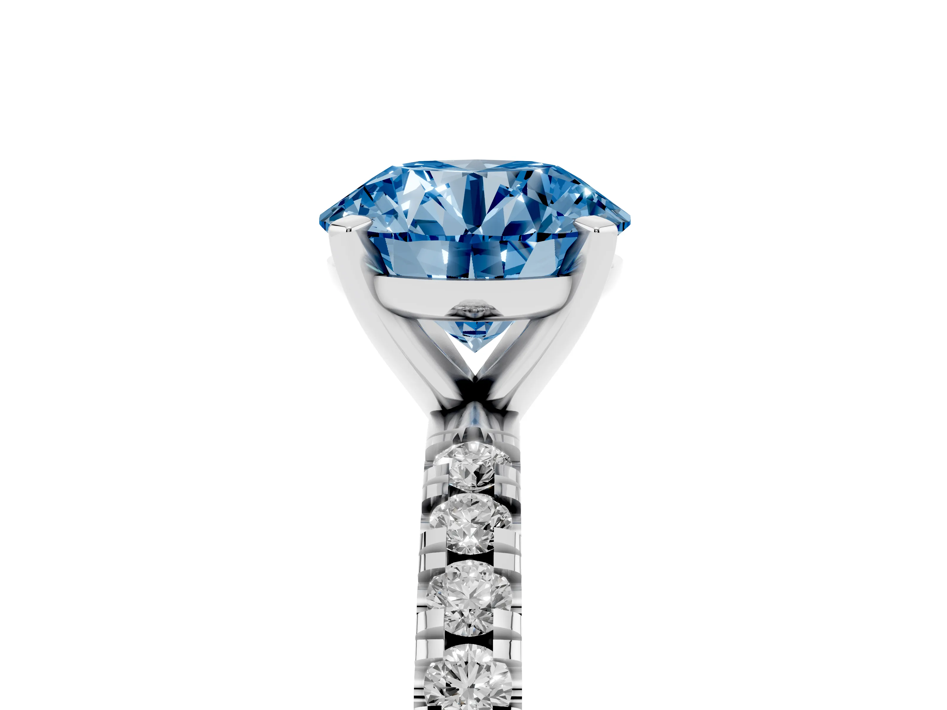 Fancy Blue Round Cut Diamond Pavé Band Solitaire Set in Platinum with Prong Setting