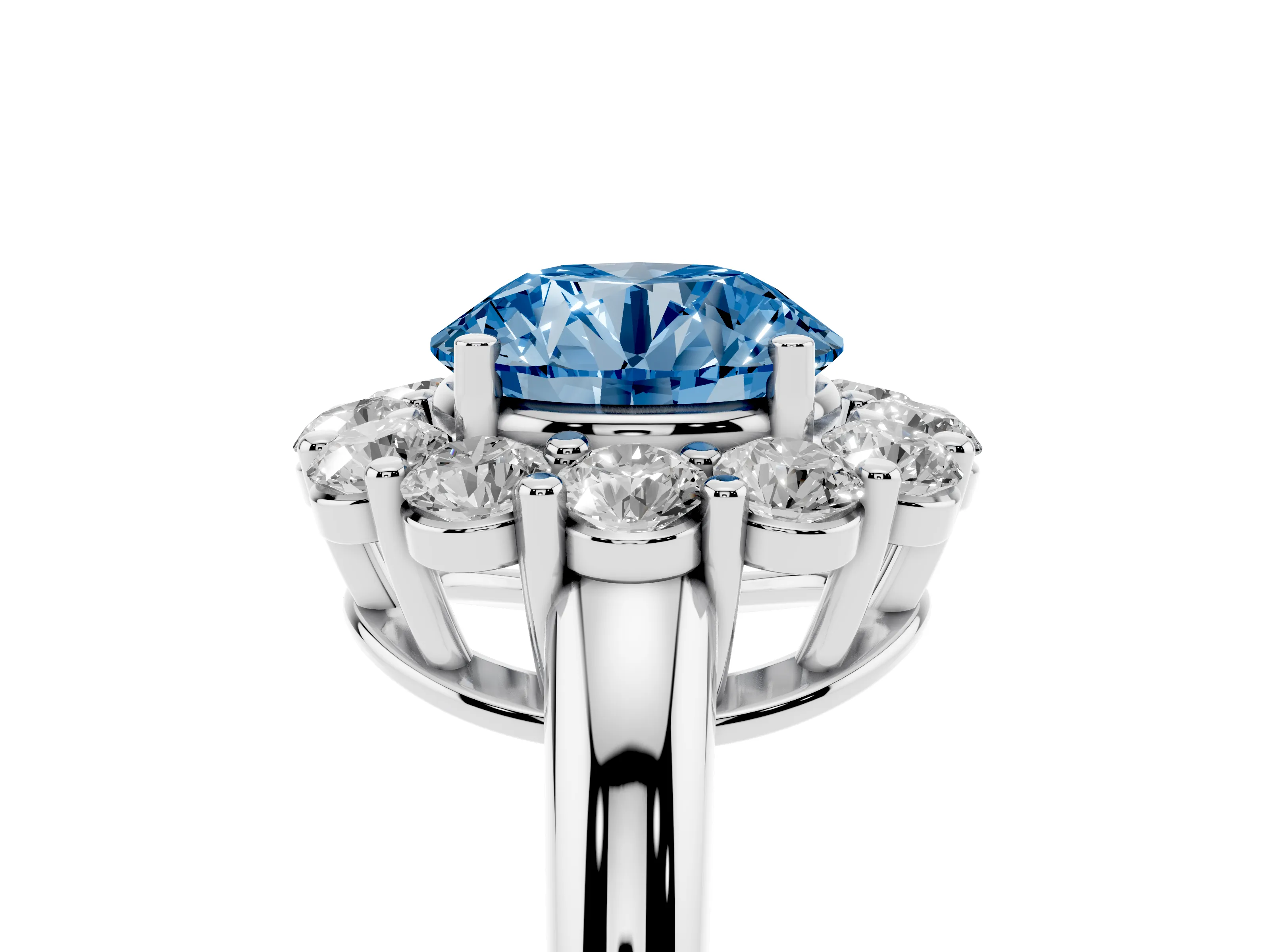 Fancy Blue Round Cut Diamond Halo Cluster Engagement Ring Set in Silver with Polished Band and Prong Setting