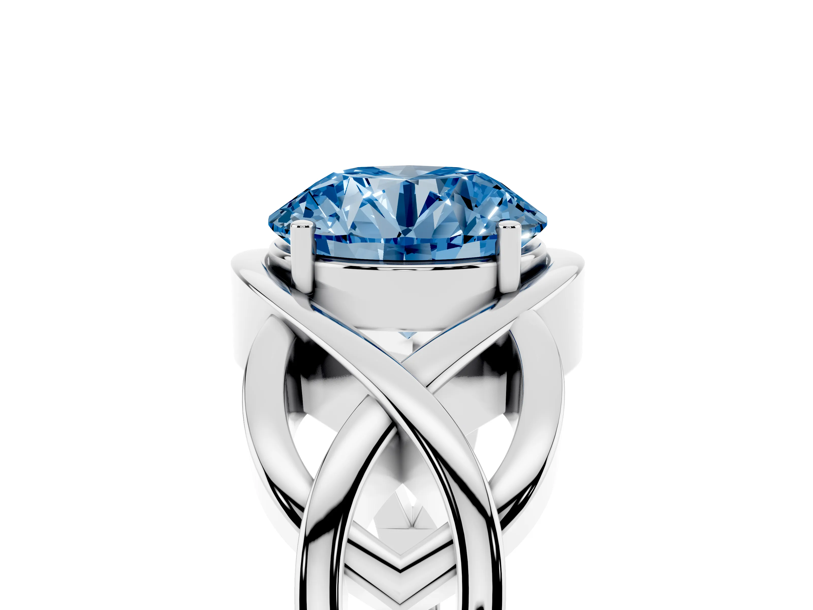 Fancy Blue Round Cut Diamond Solitaire Ring Set in Silver with Intertwined Band