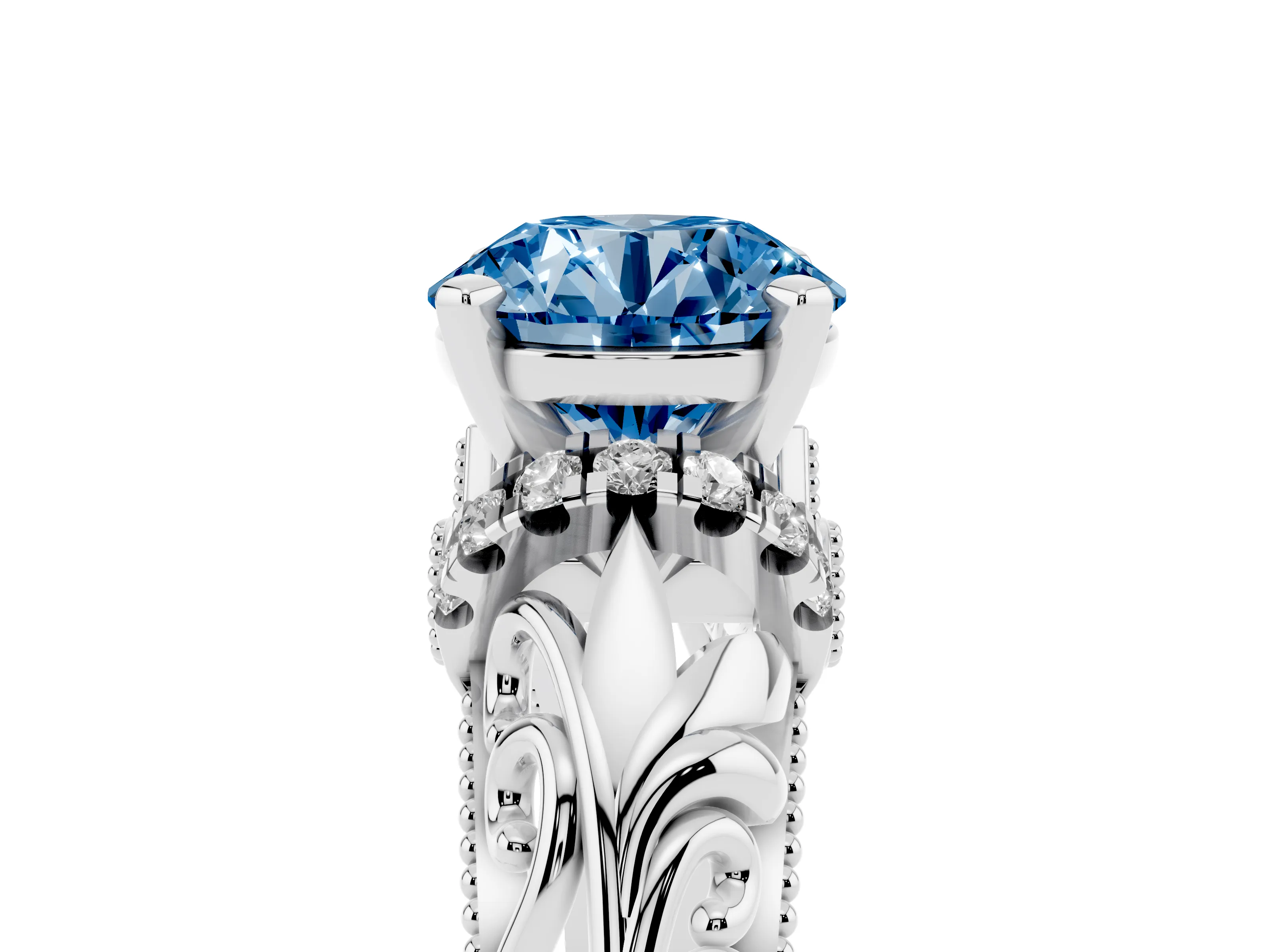 Fancy Blue Round Cut Diamond Filigree Halo Engagement Ring Set in Silver with Prong Setting