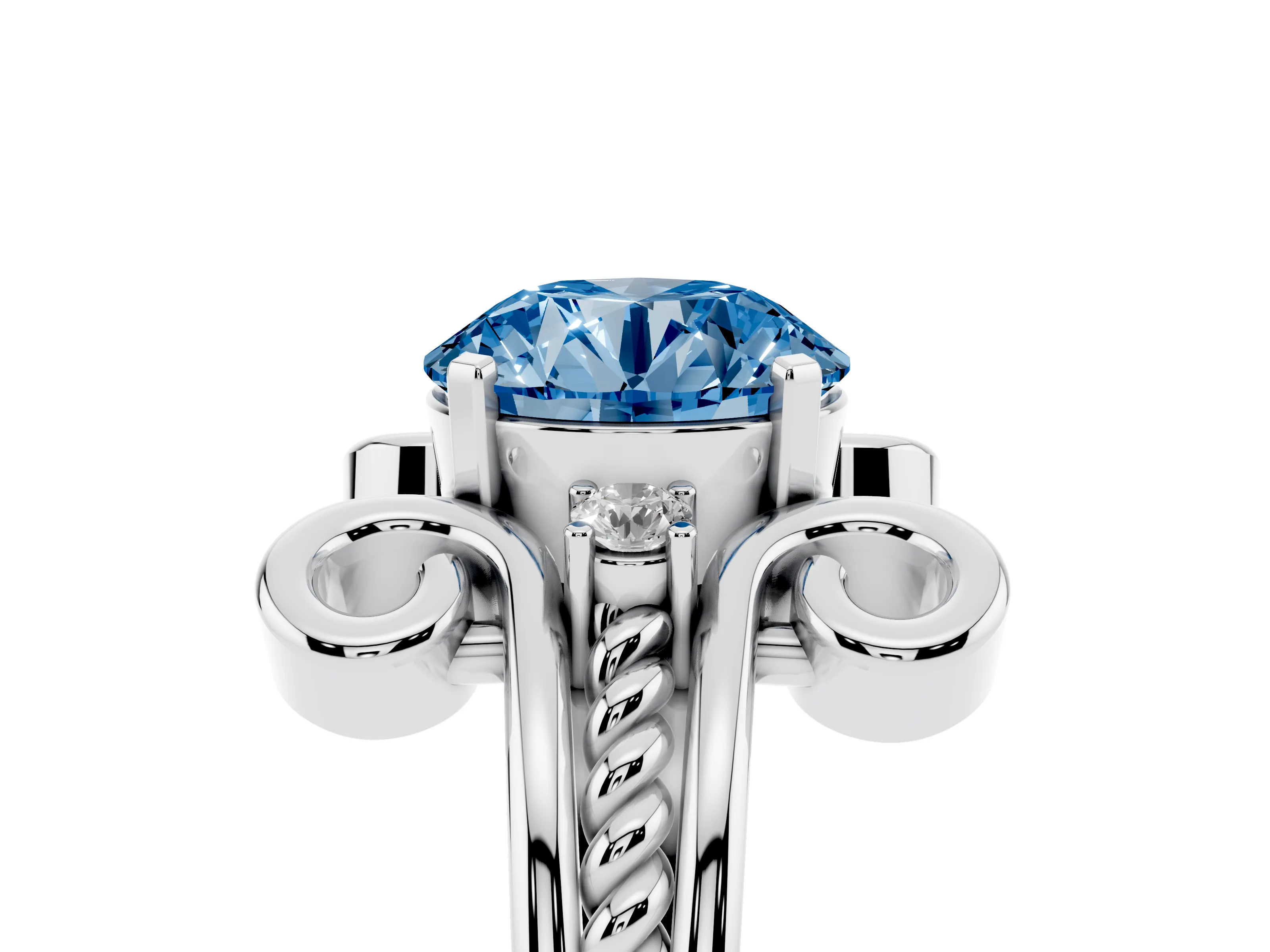 Fancy Blue Round Cut Diamond Twisted Band Solitaire Ring Set in White gold with Scroll Prongs