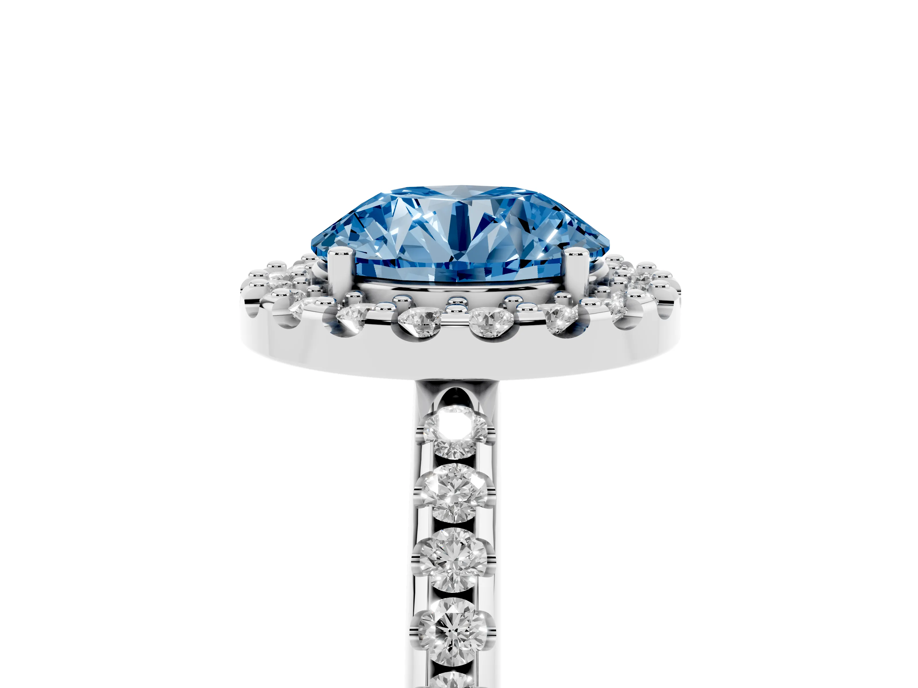 Fancy Blue Round Cut Diamond Pavé Halo Ring Set in Platinum with Prong Setting