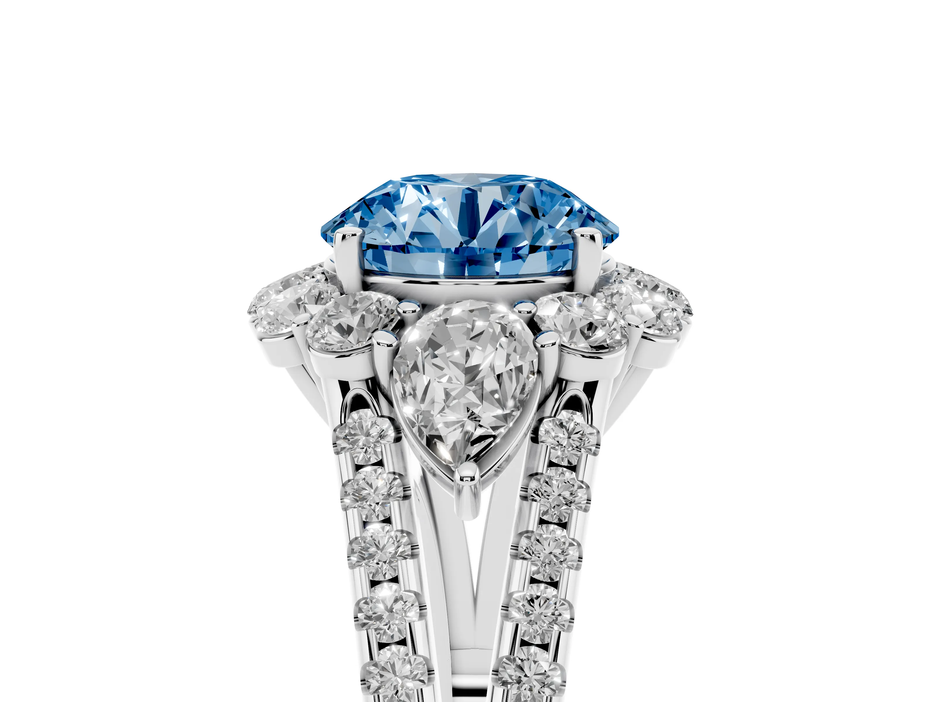 Fancy Blue Round Cut Diamond Halo Split Shank Engagement Ring Set in Silver with Prong-Held Center Stone