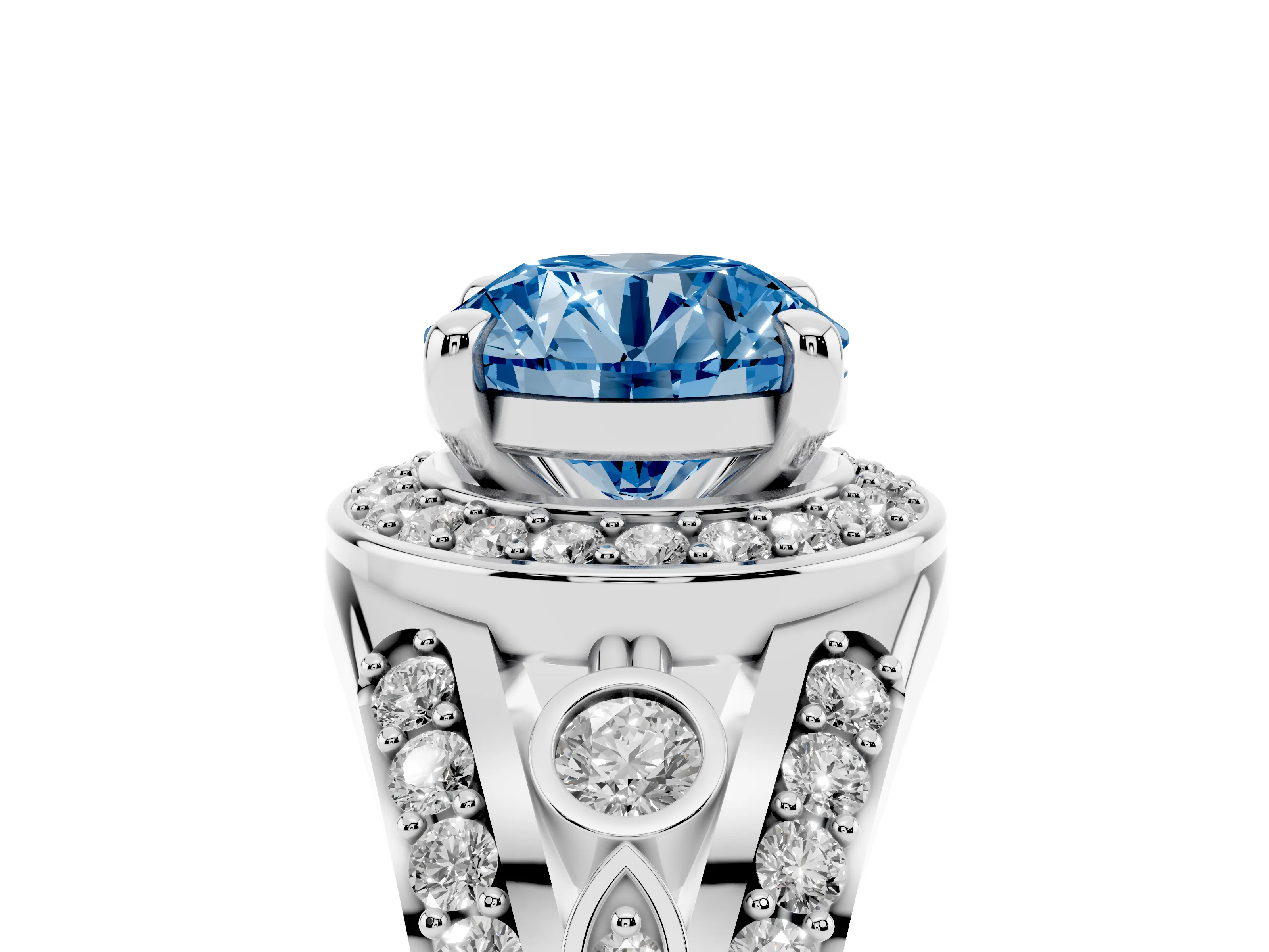 Fancy Blue Round Cut Diamond Halo Ring Set in Platinum with Pavé Split Shank and Bezel Accents
