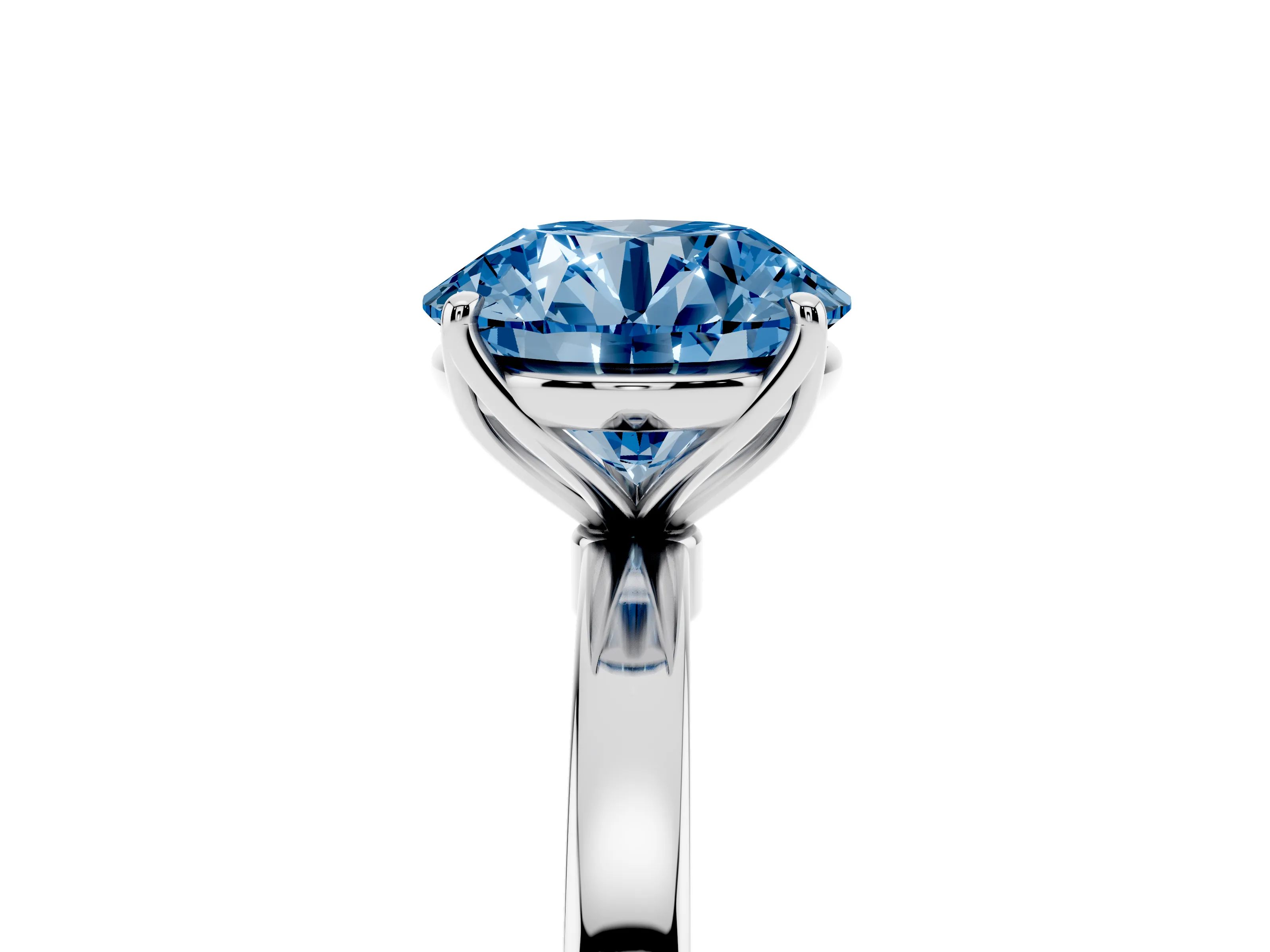 Fancy Blue Round Cut Diamond Solitaire Ring Set in White gold with Prong Setting and Thin Polished Band