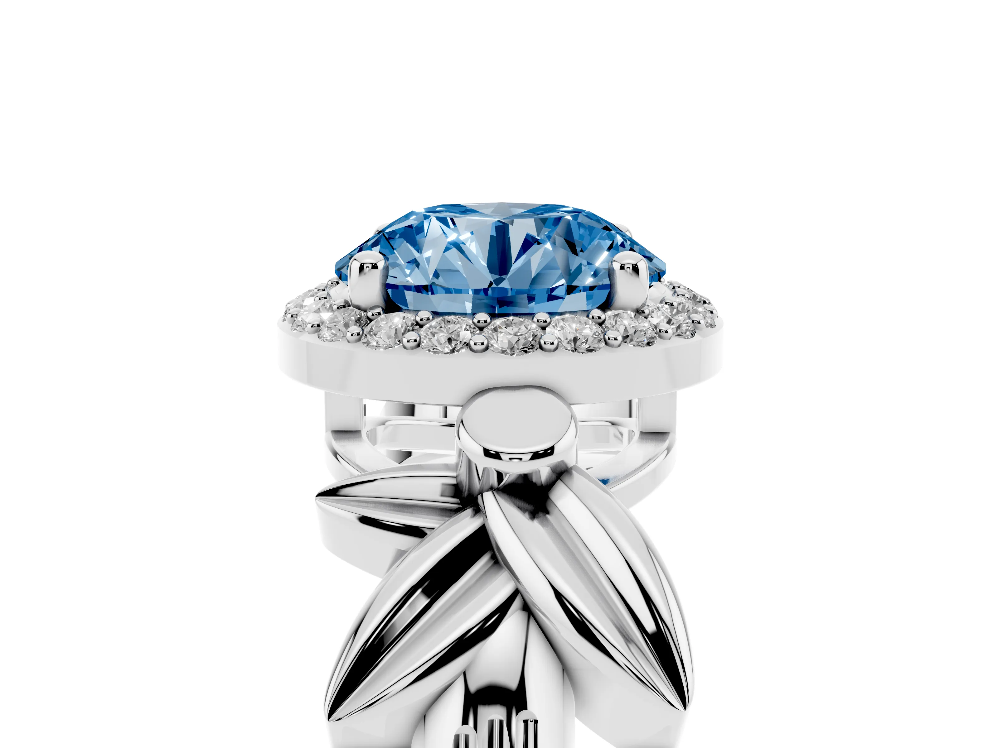 Fancy Blue Round Cut Diamond Halo Floral Band Ring Set in Silver with Prong Setting