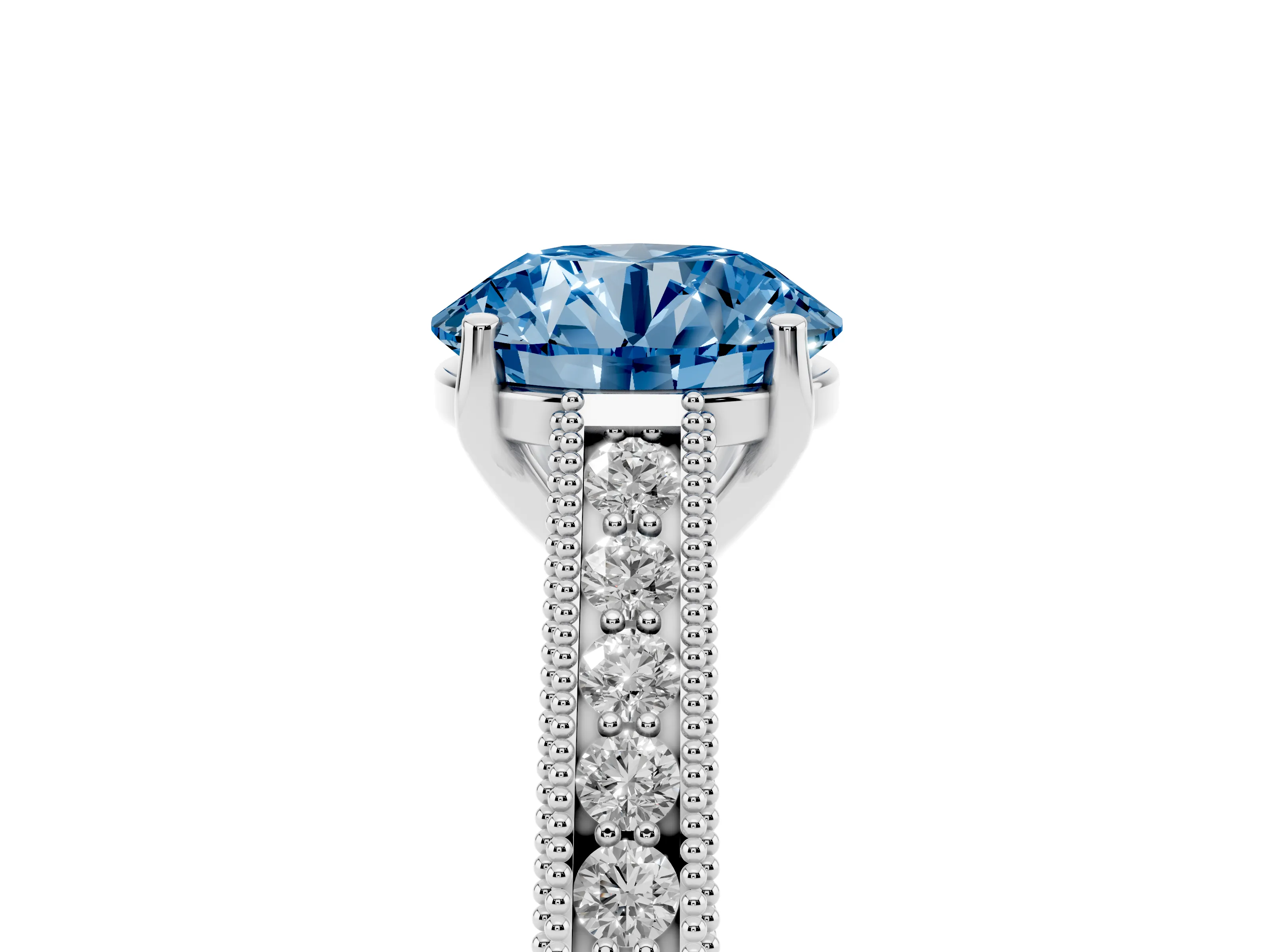 Fancy Blue Round Cut Diamond Milgrain Pavé Band Solitaire Ring Set in Platinum with Prong Setting