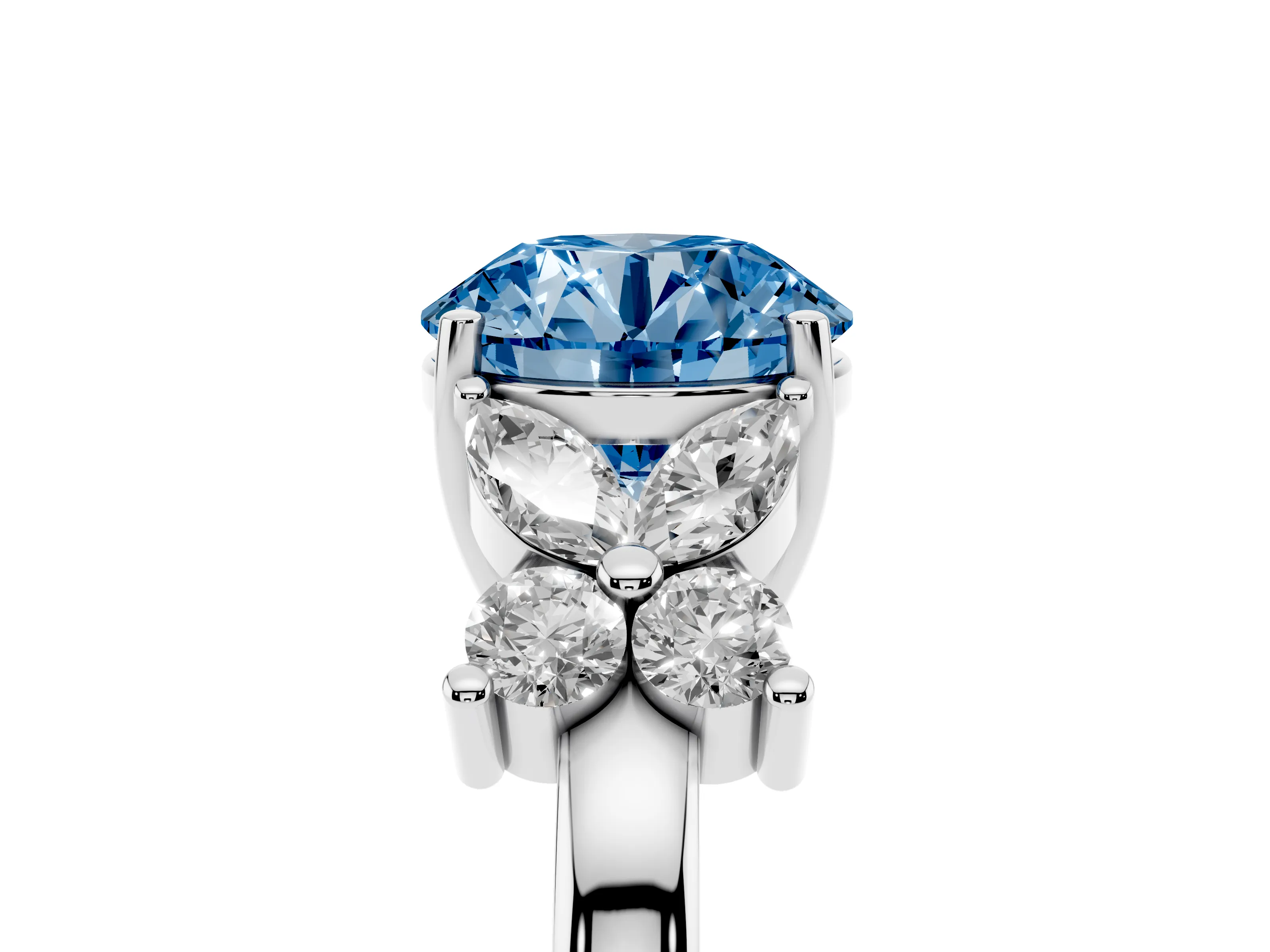 Fancy Blue Round Cut Diamond Floral Cluster Ring Set in White gold with Marquise Petals and Prong Setting