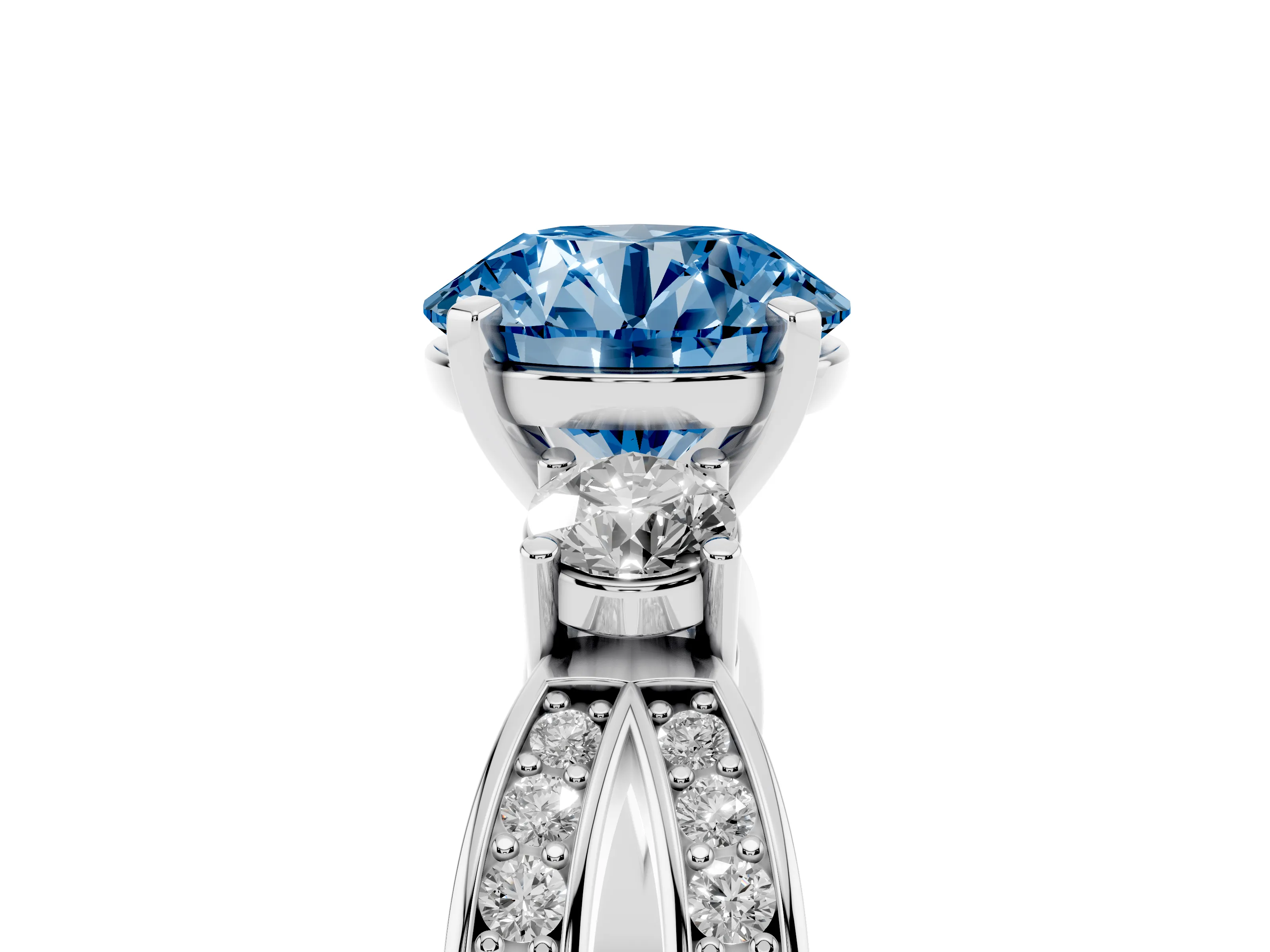 Fancy Blue Three-Stone Round Cut Diamond Twist Band Ring Set in White gold with Pavé Accents and Prong Setting