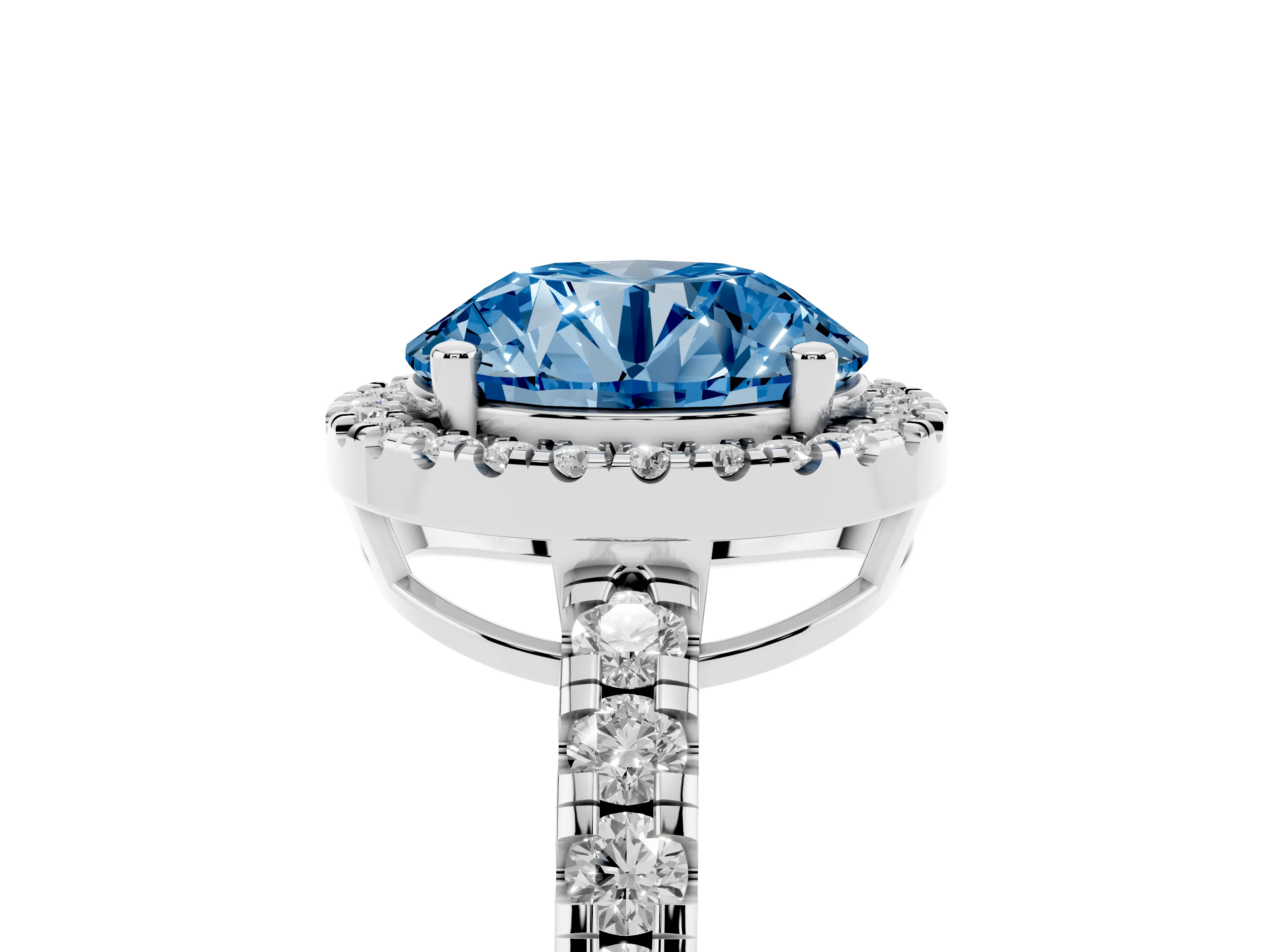 Fancy Blue Round Cut Diamond Halo Ring Set in Platinum with Delicate Pavé Band and Prong Setting