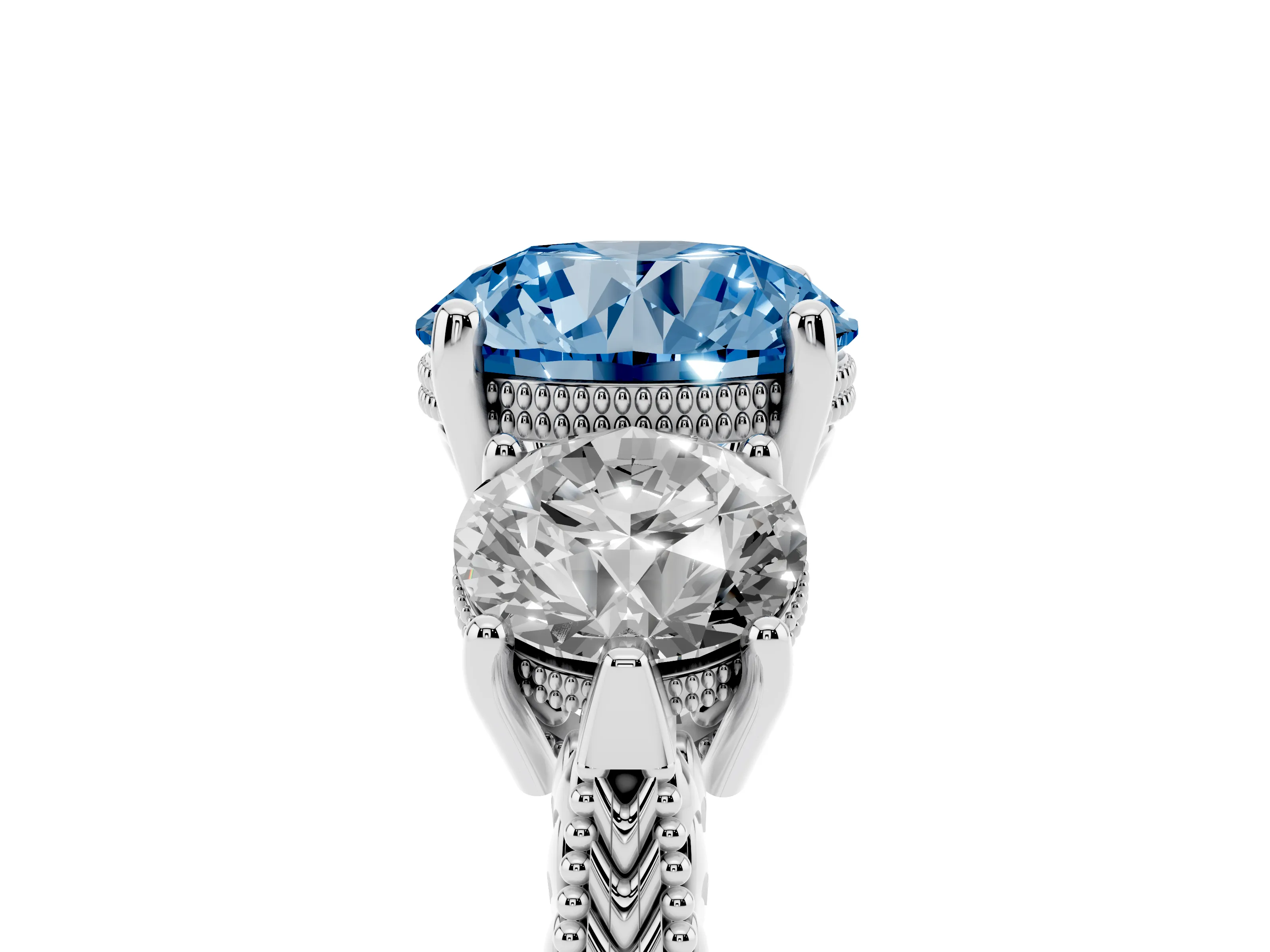 Fancy Blue Round Cut Diamond Three-Stone Ring Set in Silver with Milgrain Band