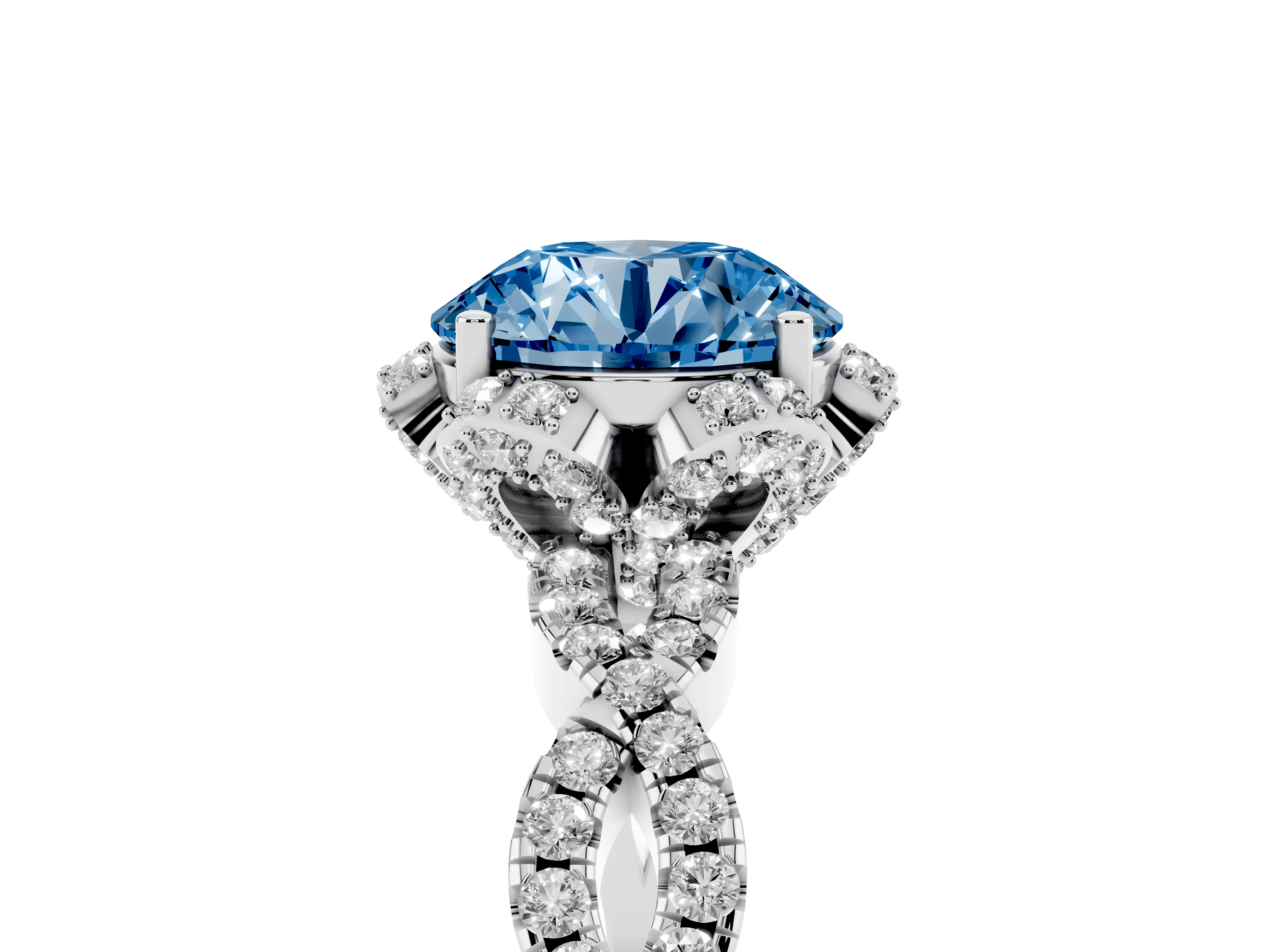 Fancy Blue Round Cut Diamond Halo Twist Band Solitaire Ring Set in Silver with Prong-Set Center Stone
