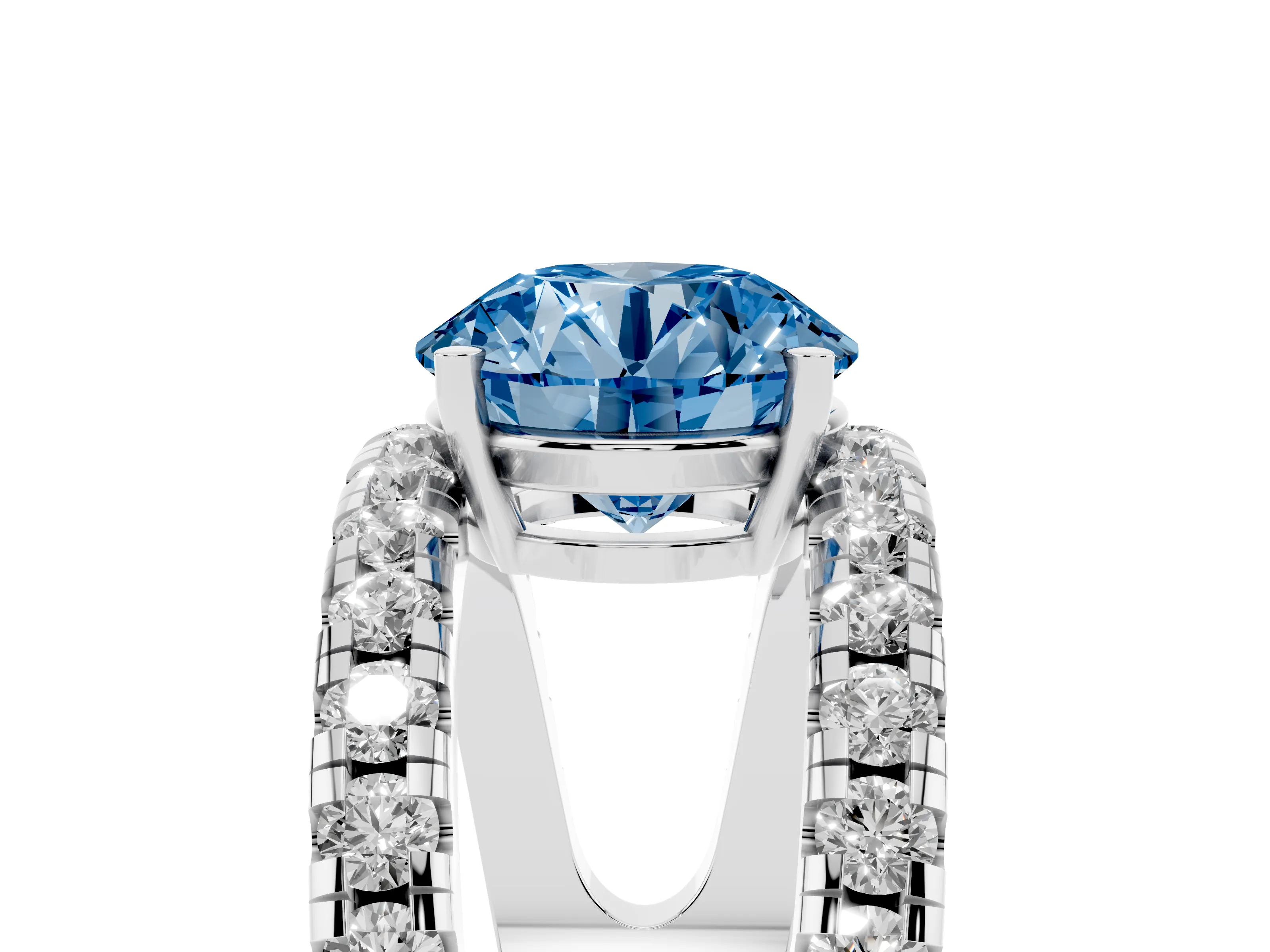 Fancy Blue Round Cut Diamond Split Shank Pavé Solitaire Ring Set in Silver with Open Shank Design