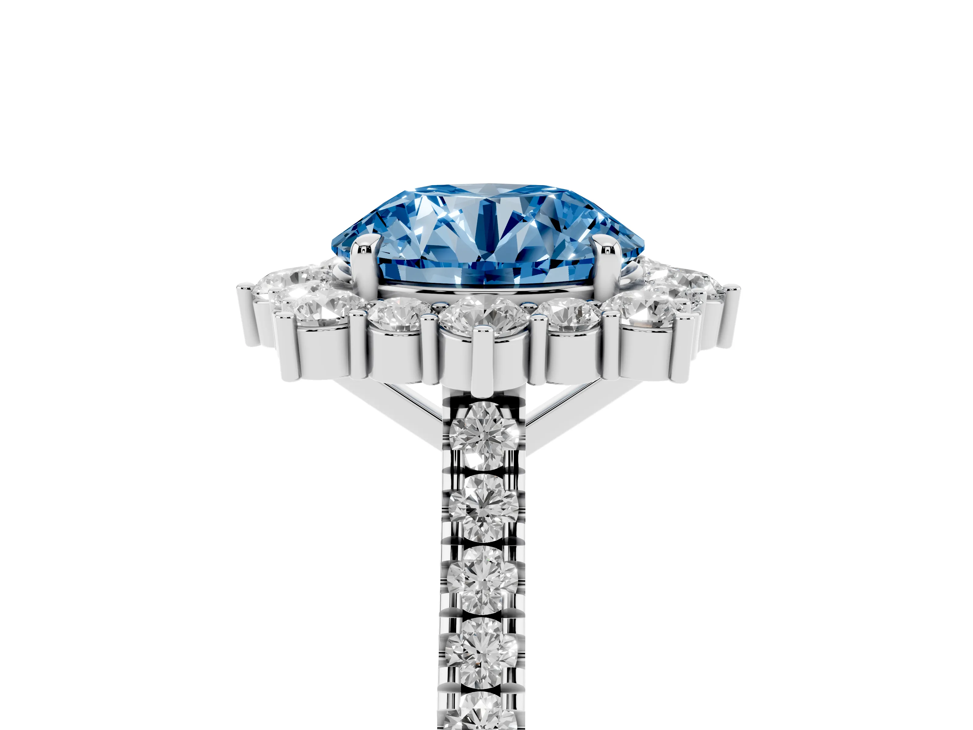 Fancy Blue Round Cut Diamond Halo Ring Set in Silver with Pavé Band and Prong Setting