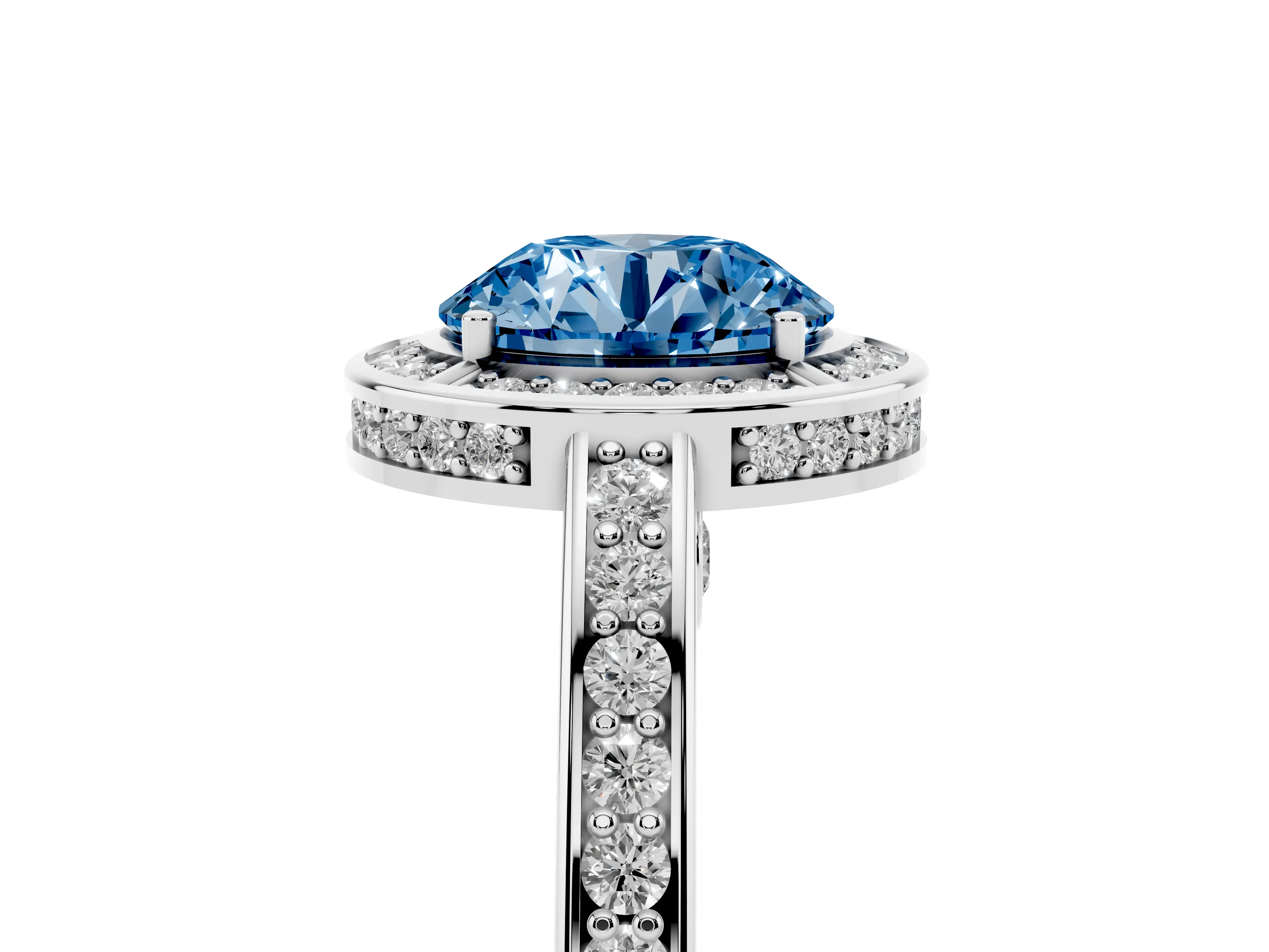 Fancy Blue Round Cut Diamond Halo Pavé Split Shank Ring Set in Platinum with Prong Setting