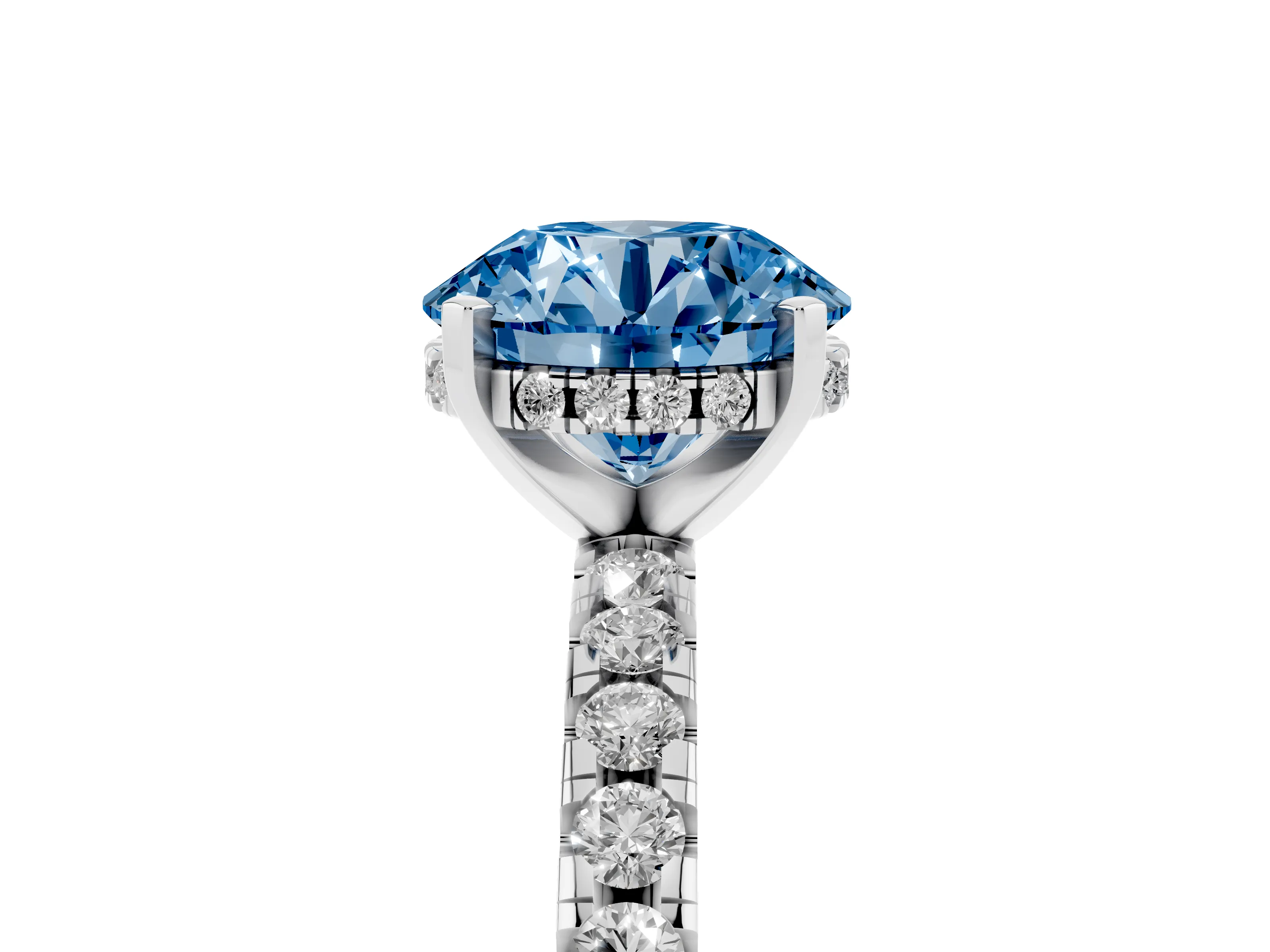 Fancy Blue Round Cut Diamond Pavé Solitaire Ring Set in Platinum with Round Band Accents and Prong Setting