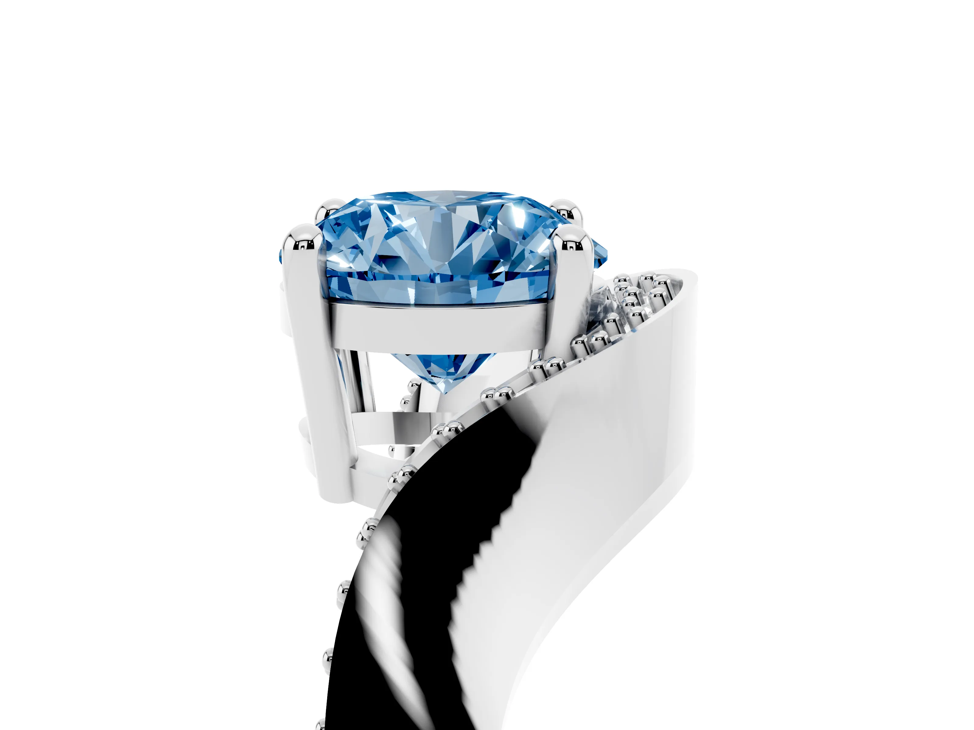Fancy Blue Round Cut Diamond Solitaire Engagement Ring Set in Silver with Pavé Shoulders