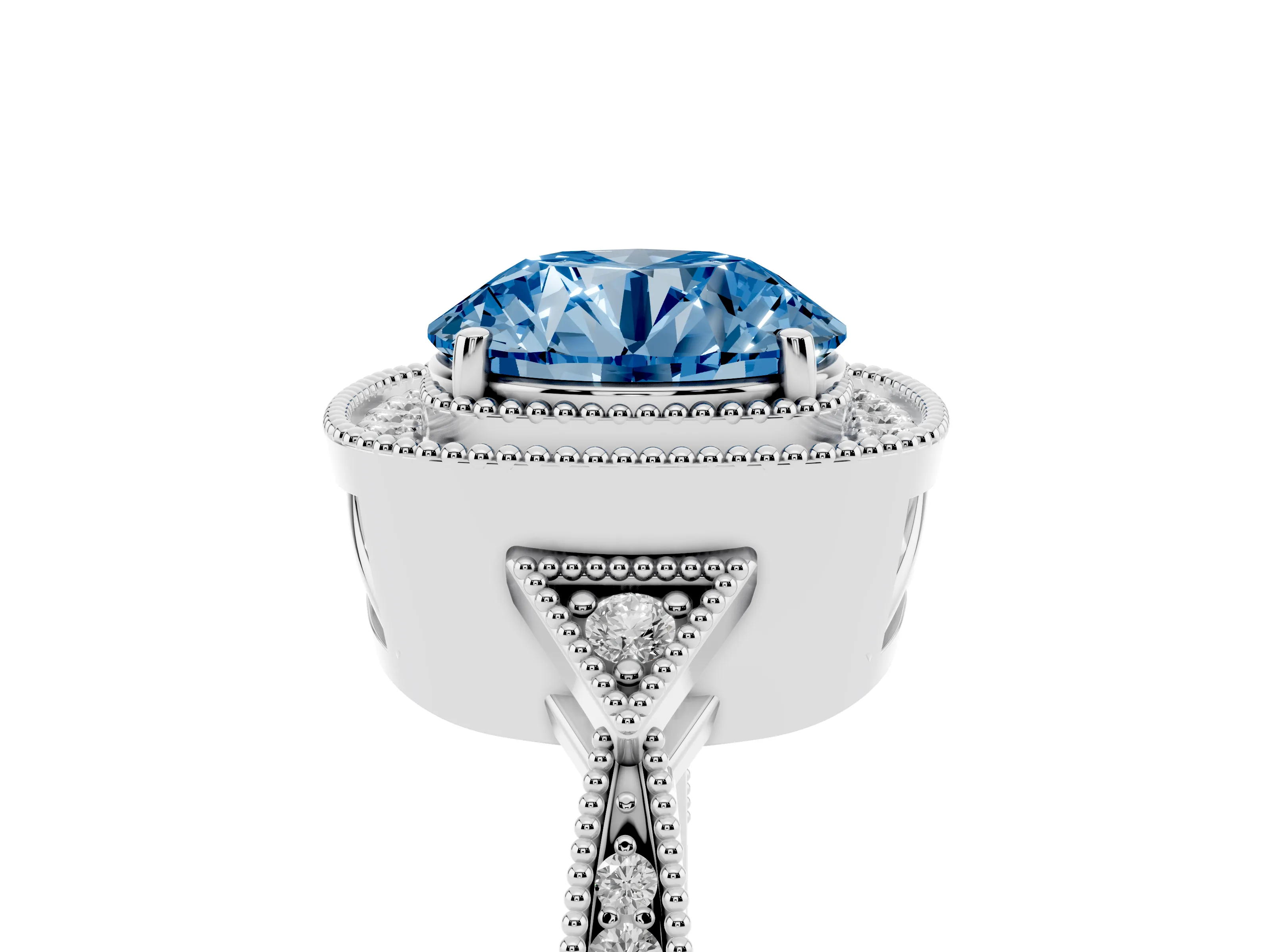 Fancy Blue Round Cut Diamond Halo Engagement Ring Set in Platinum with Milgrain Pavé Band