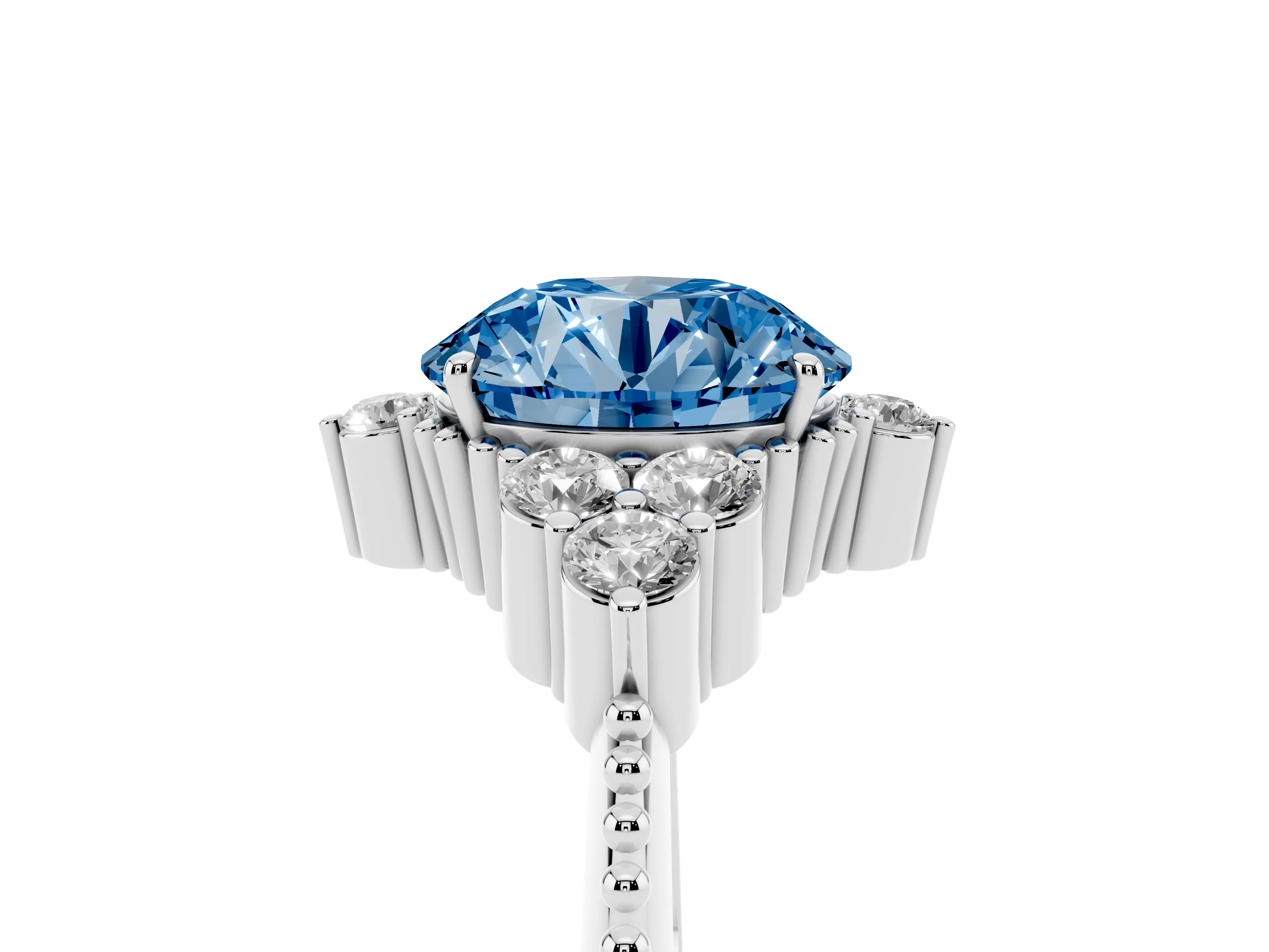 Fancy Blue Round Cut Diamond Cluster Ring Set in Silver with Beaded Band