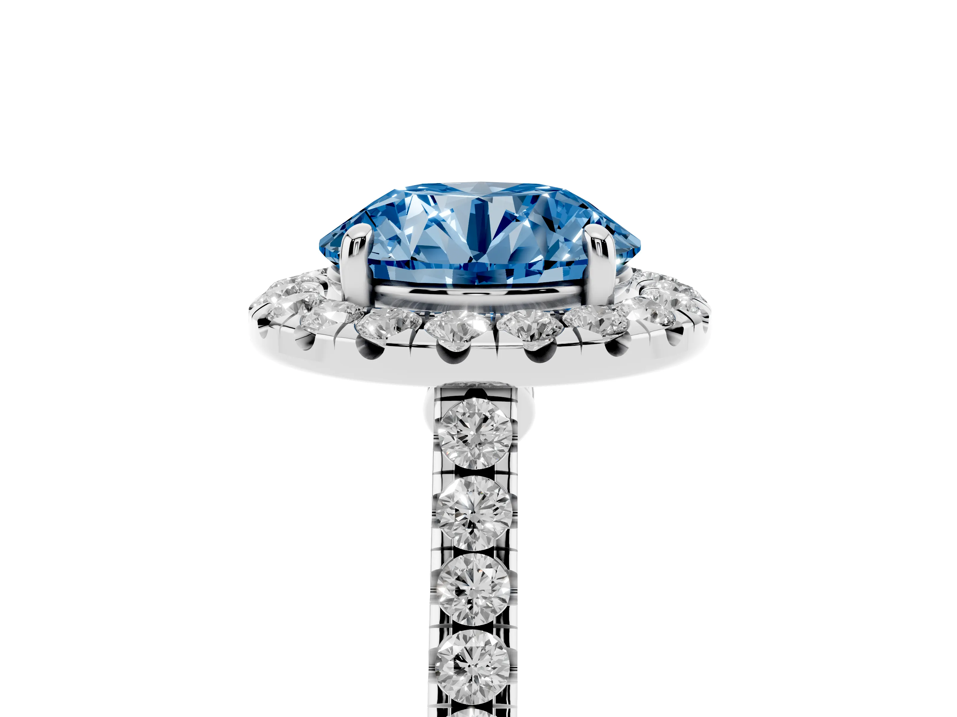 Fancy Blue Round Cut Diamond Halo Pavé Engagement Ring Set in White gold with Prong Setting
