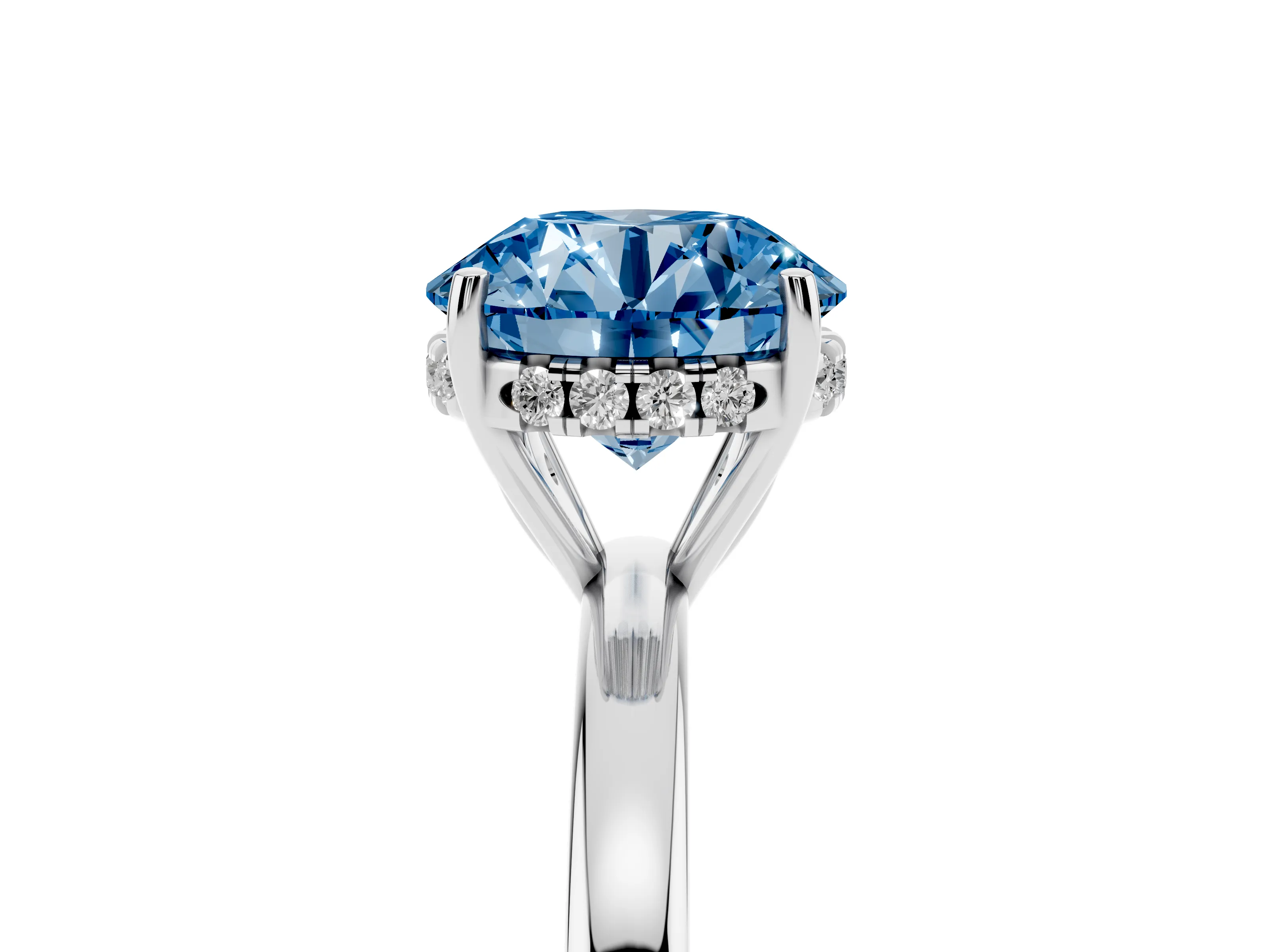 Fancy Blue Round Cut Diamond Solitaire Ring Set in White gold with Plain Band and Prong Setting