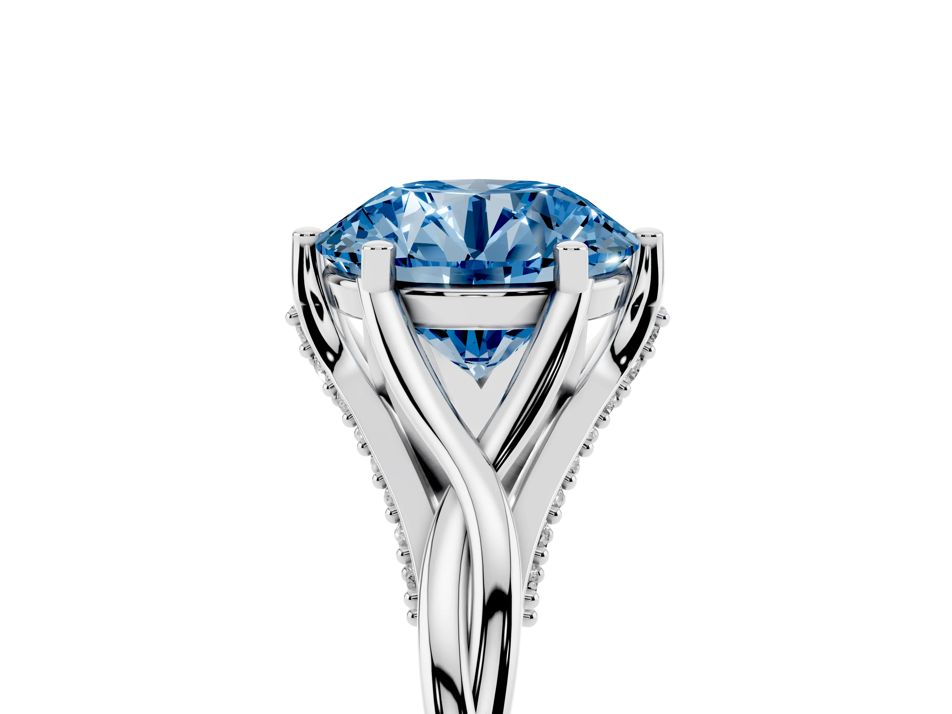 Fancy Blue Round Cut Diamond Intertwined Twist Band Solitaire Ring Set in White gold with Prong Setting