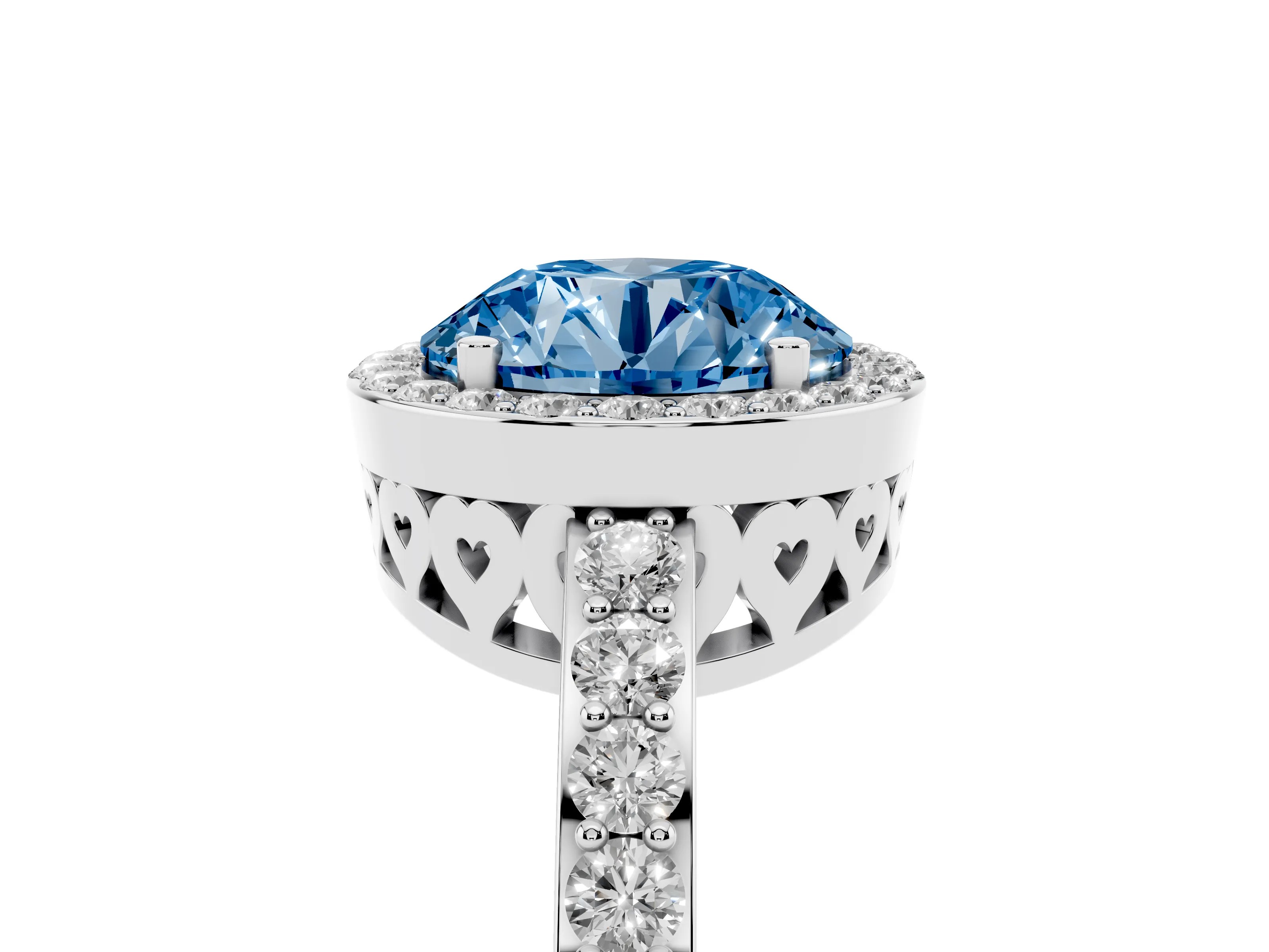Fancy Blue Round Cut Diamond Halo Ring Set in Platinum with Pavé-Setting Band and Open Prong Center