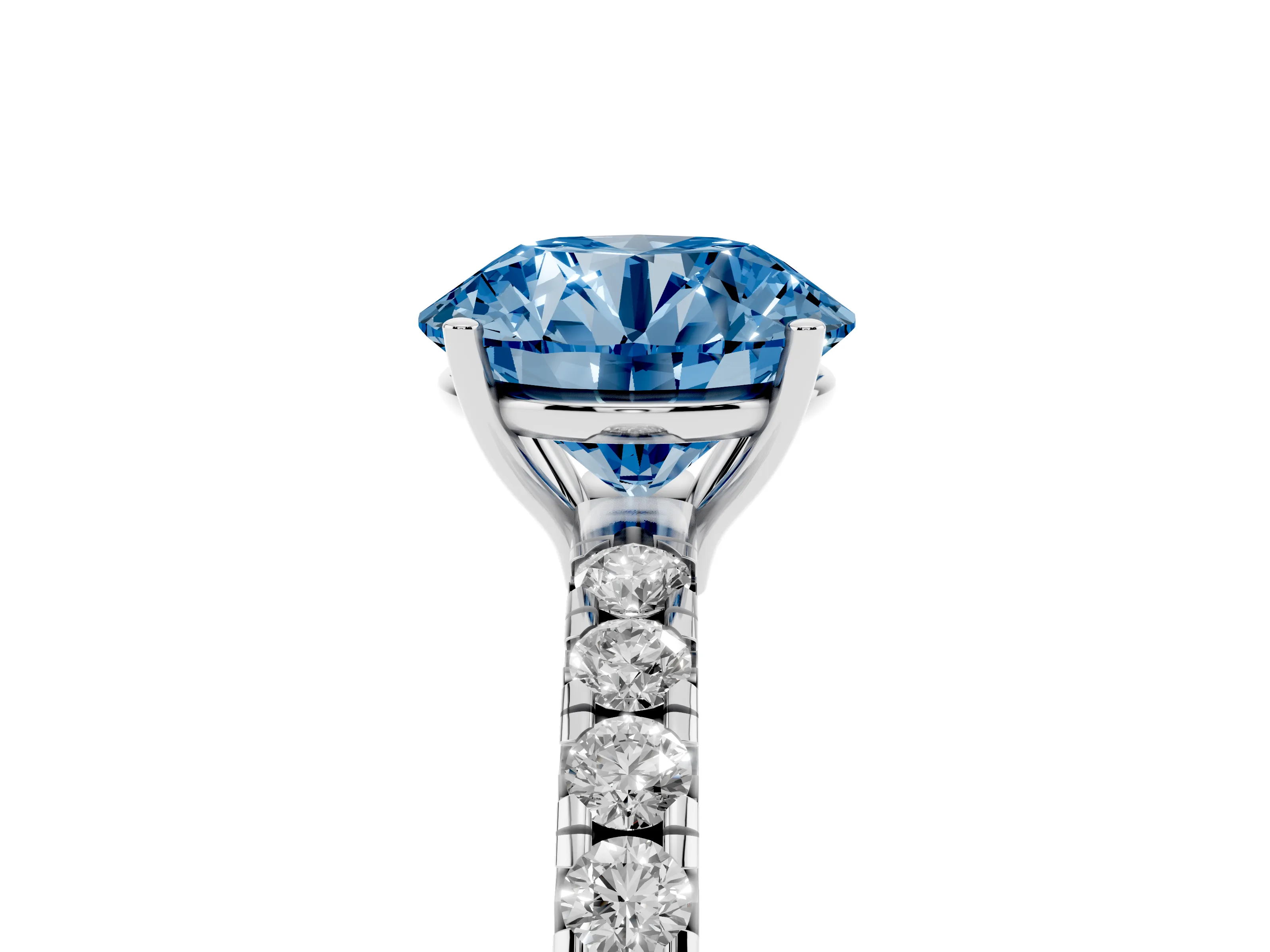 Fancy Blue Round Cut Diamond Pavé Solitaire Engagement Ring Set in White gold with Prong Setting