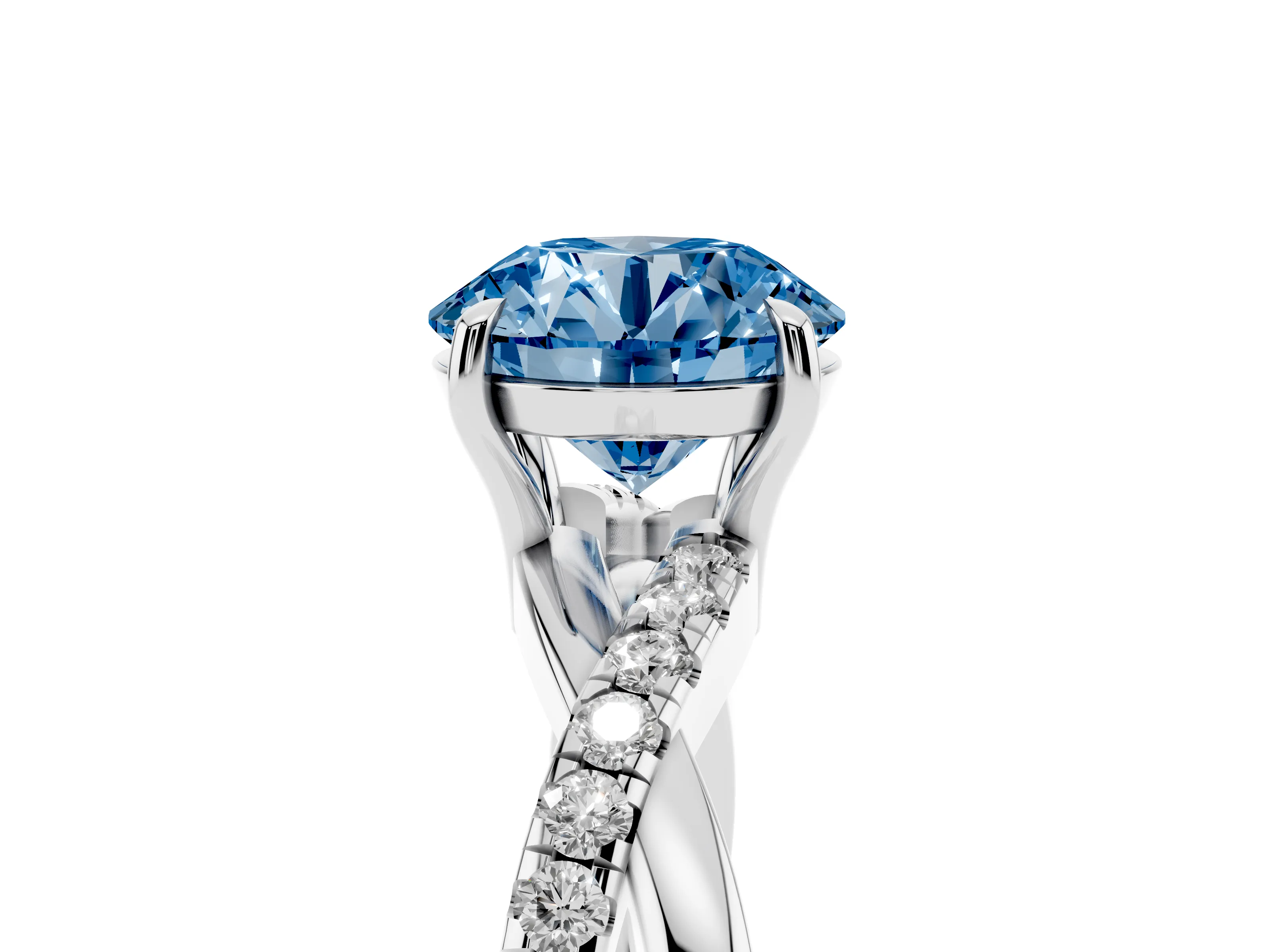 Fancy Blue Round Cut Diamond Twisted Pavé Band Ring Set in Silver with Prong Setting