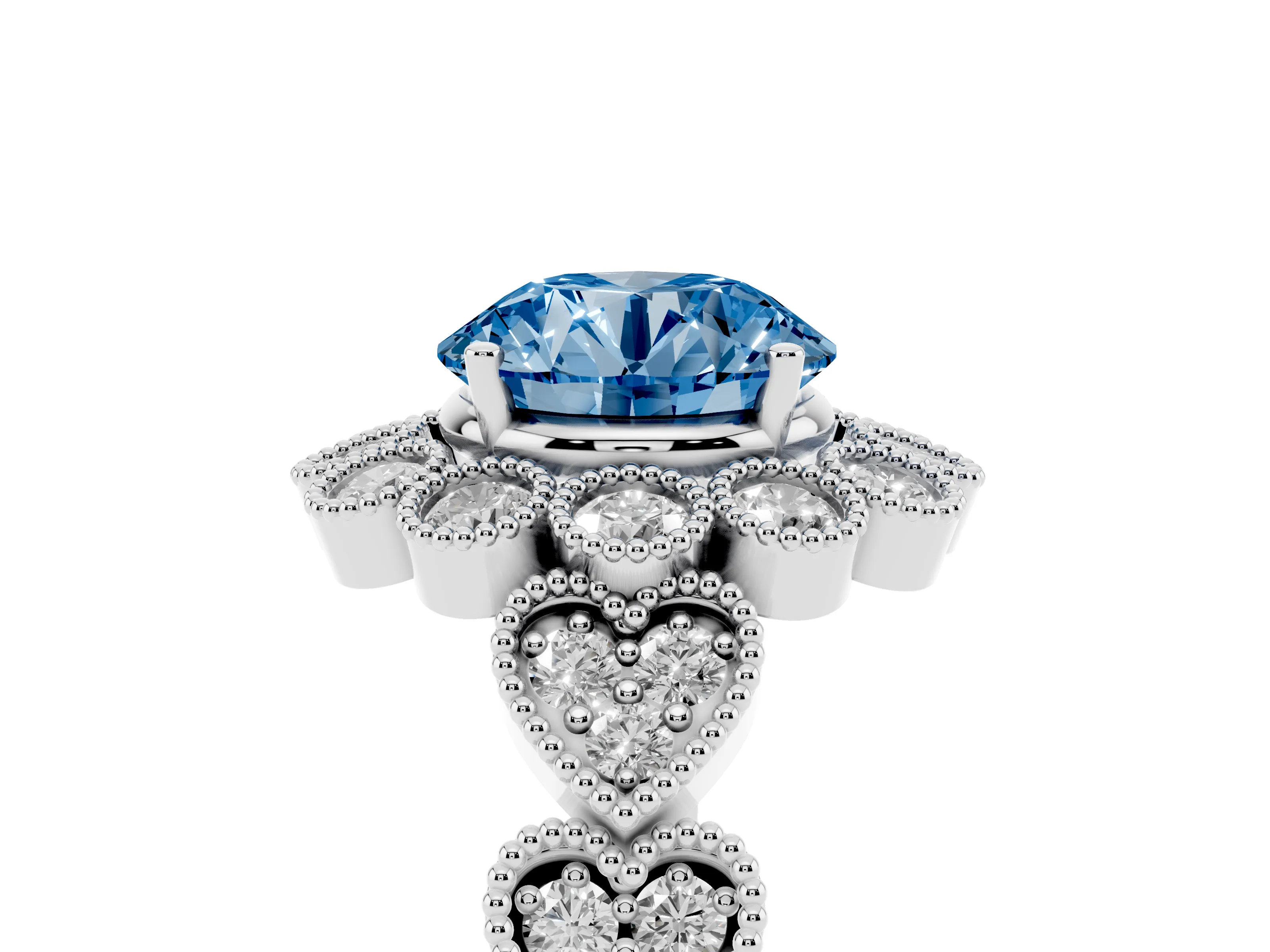 Fancy Blue Round Cut Diamond Solitaire Ring Set in Silver with Milgrain Pavé Heart Band