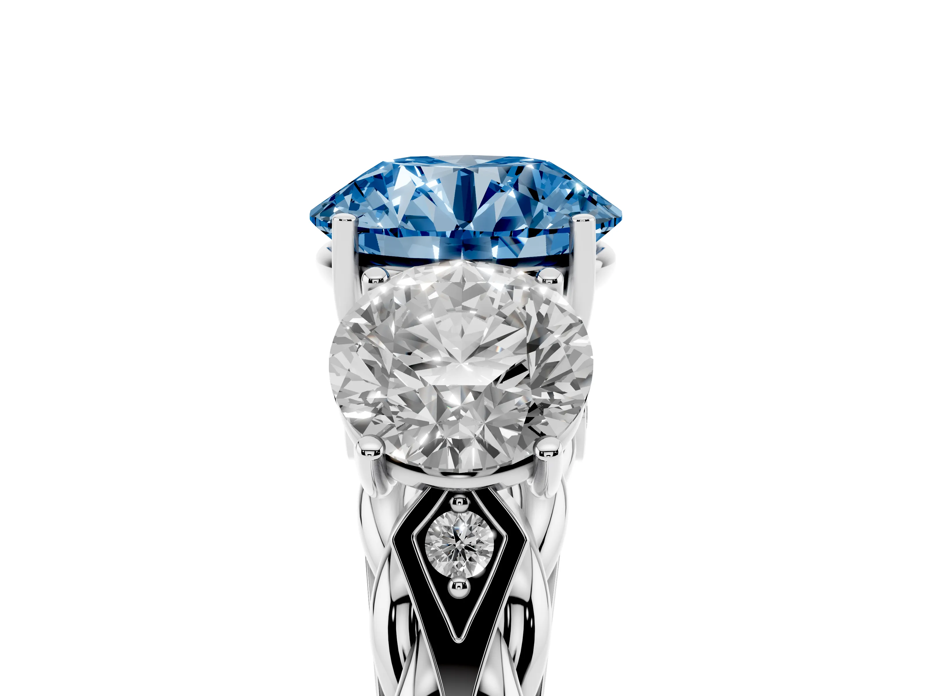 Fancy Blue Round Cut Diamond Three-Stone Ring Set in Platinum with Braided Band