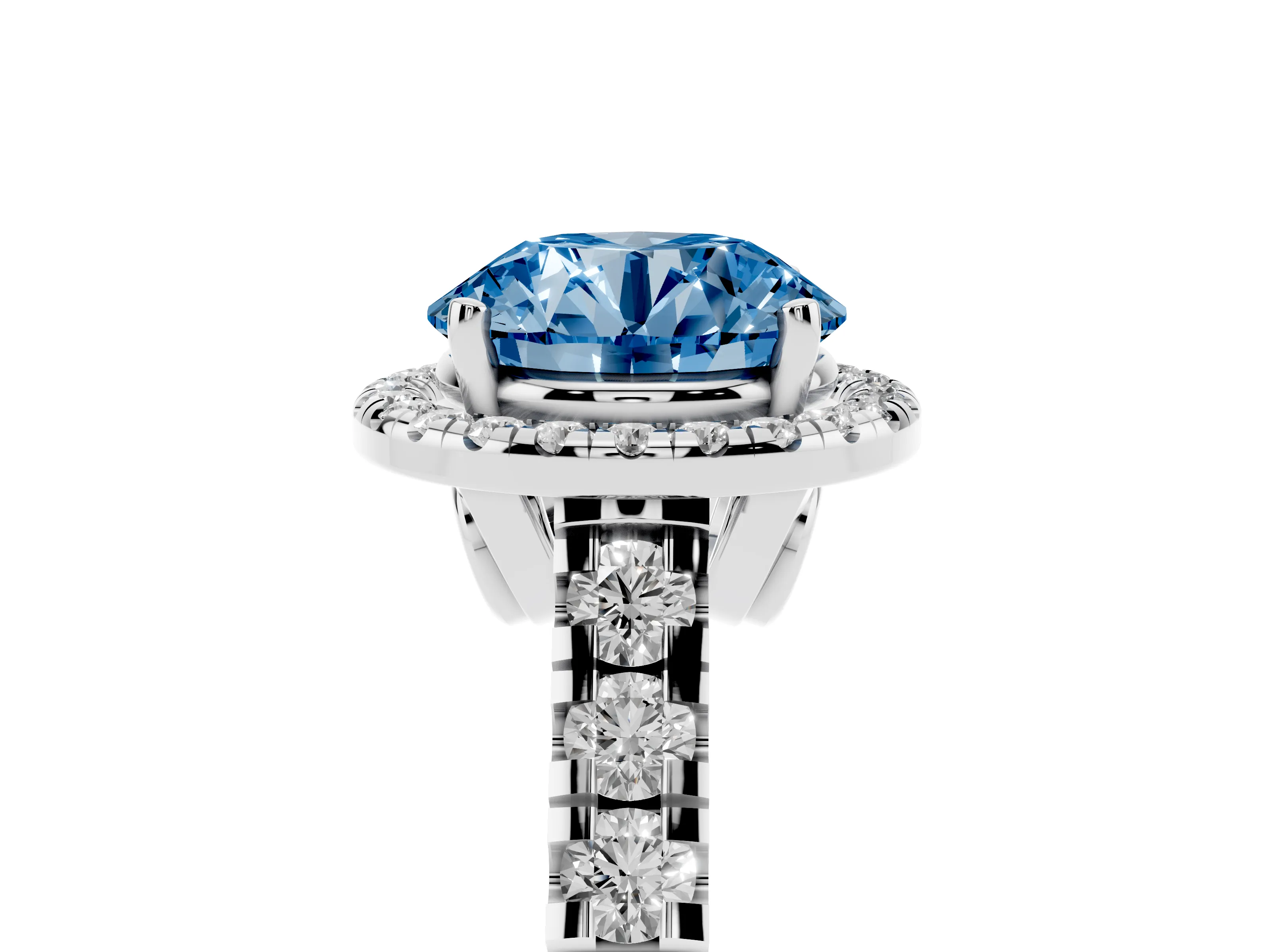 Fancy Blue Round Cut Diamond Halo Engagement Ring Set in Platinum with Pavé Band and Prong-Set Center