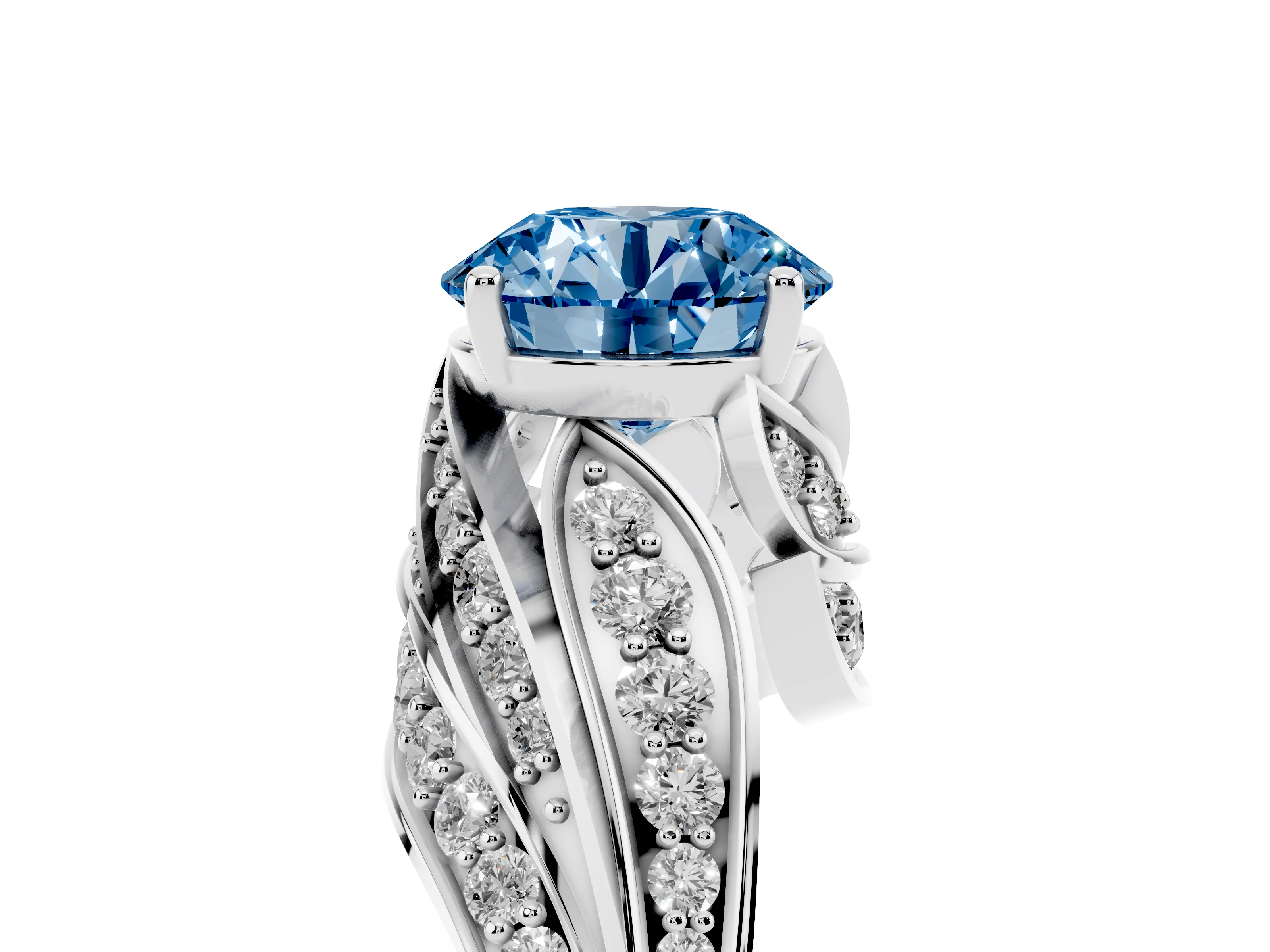 Fancy Blue Round Cut Diamond Solitaire Ring Set in Silver with Layered Twist Pavé Band