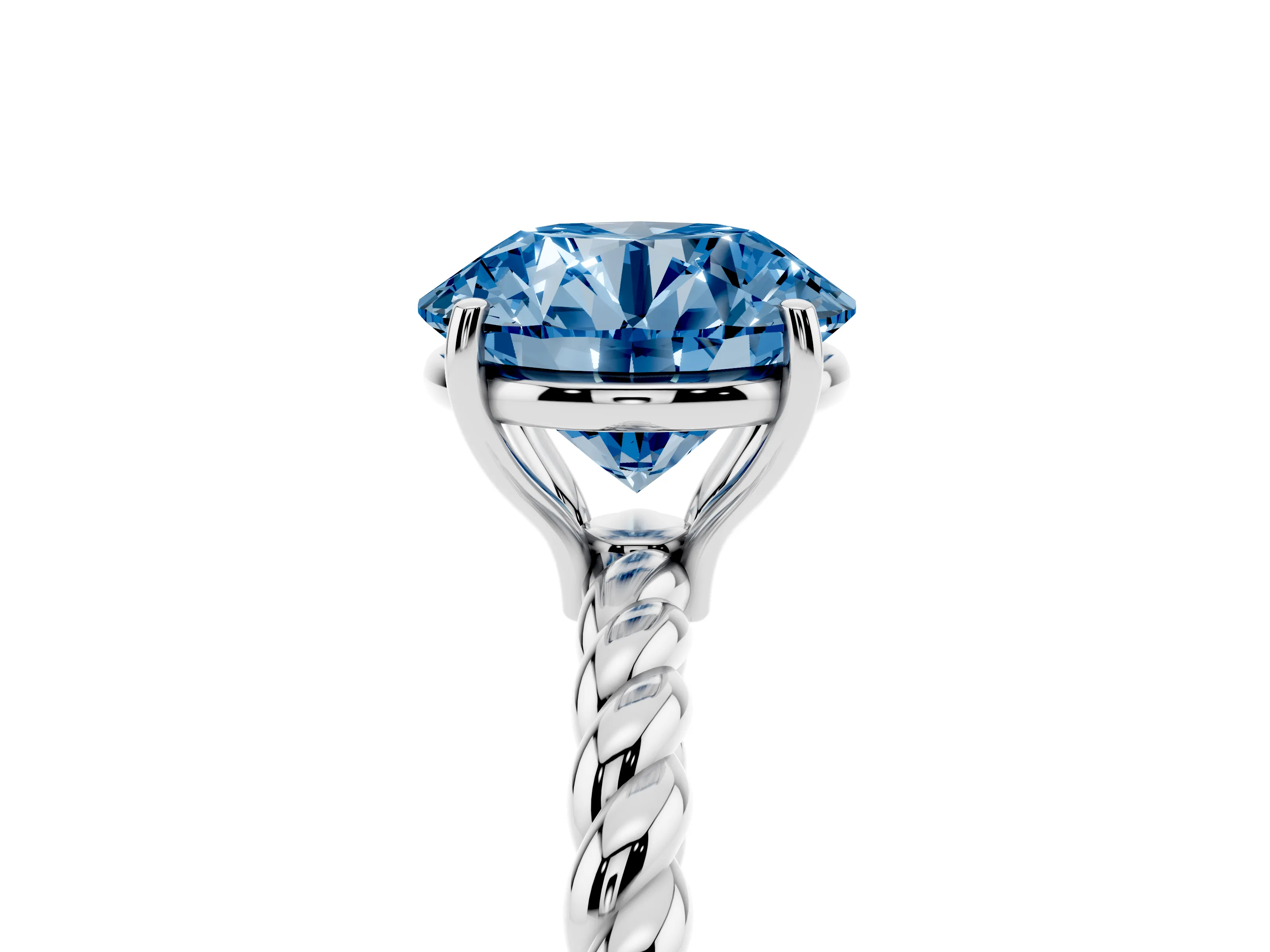 Fancy Blue Round Cut Diamond Solitaire Ring Set in White gold with Twist Band and Prong Setting