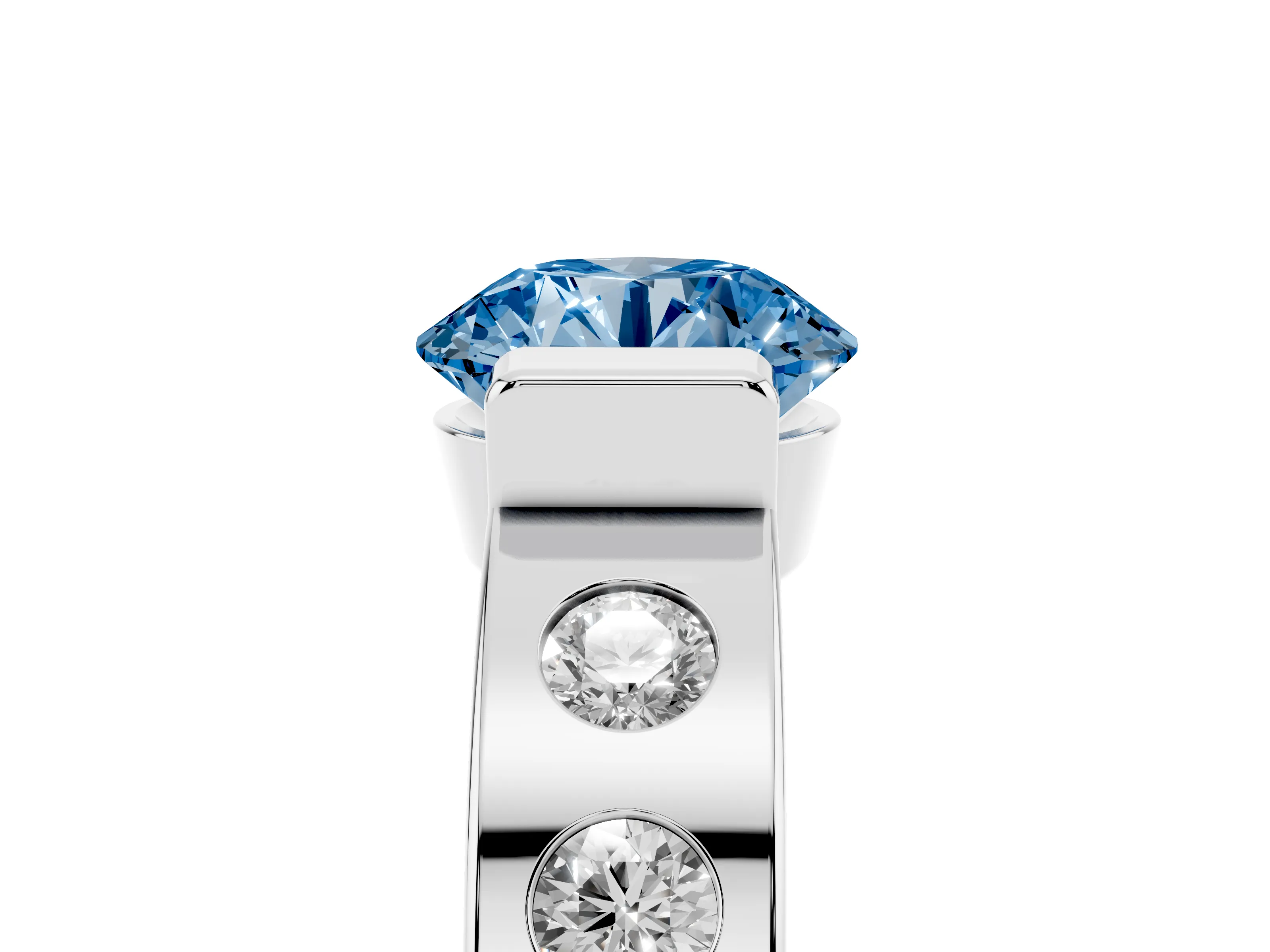 Fancy Blue Round Cut Diamond Channel-Set Band Ring Set in White gold with Bezel Prong Setting