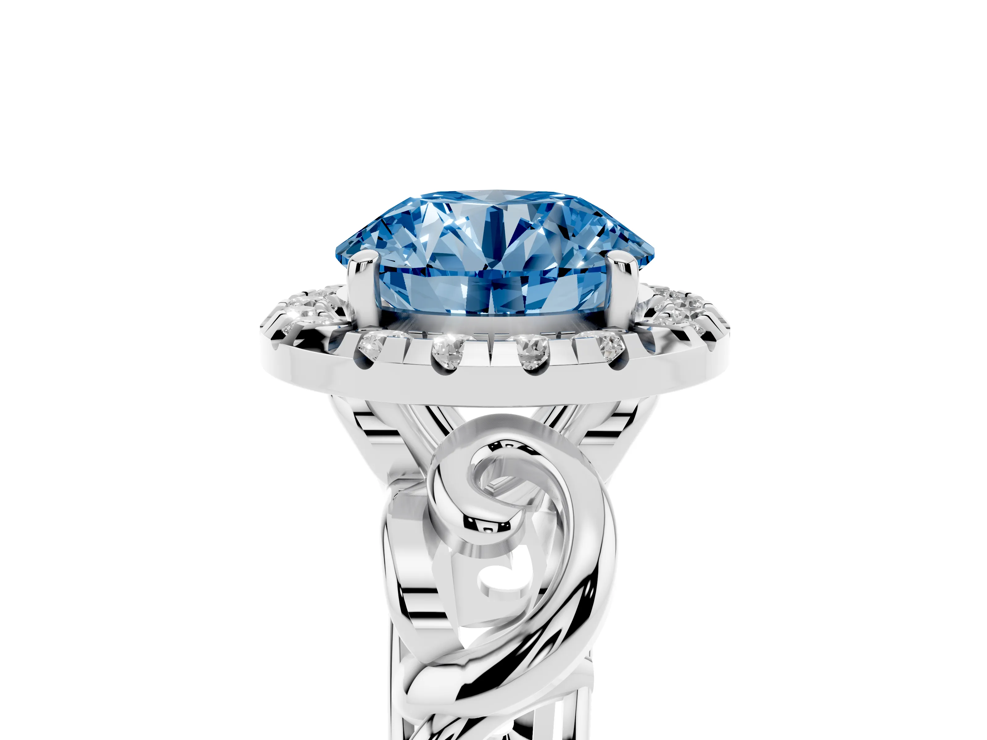Fancy Blue Round Cut Diamond Halo Ring Set in White gold with Scrollwork Band and Prong Setting