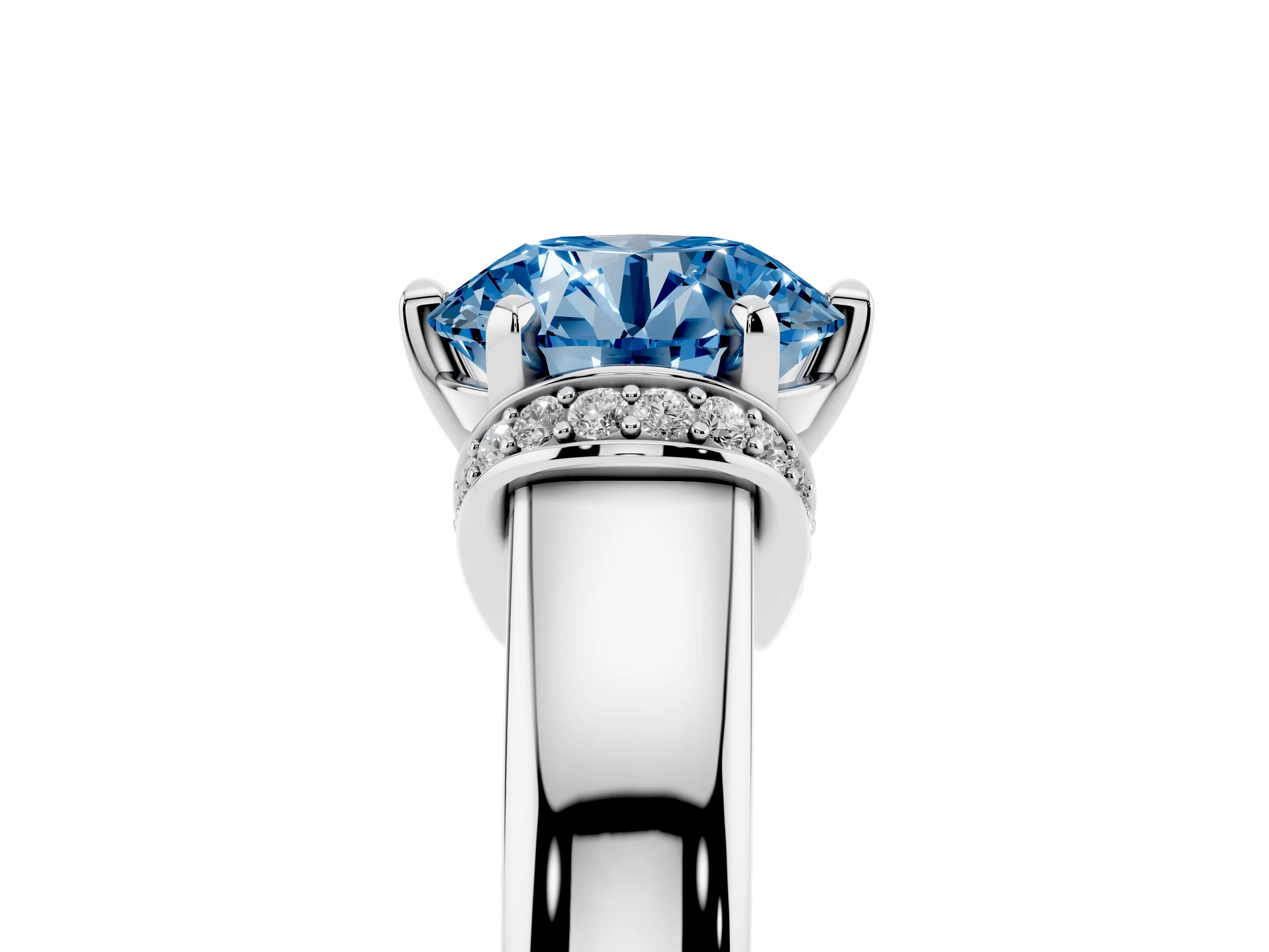 Fancy Blue Round Cut Diamond Pavé Band Solitaire Ring Set in Silver with Prong Setting