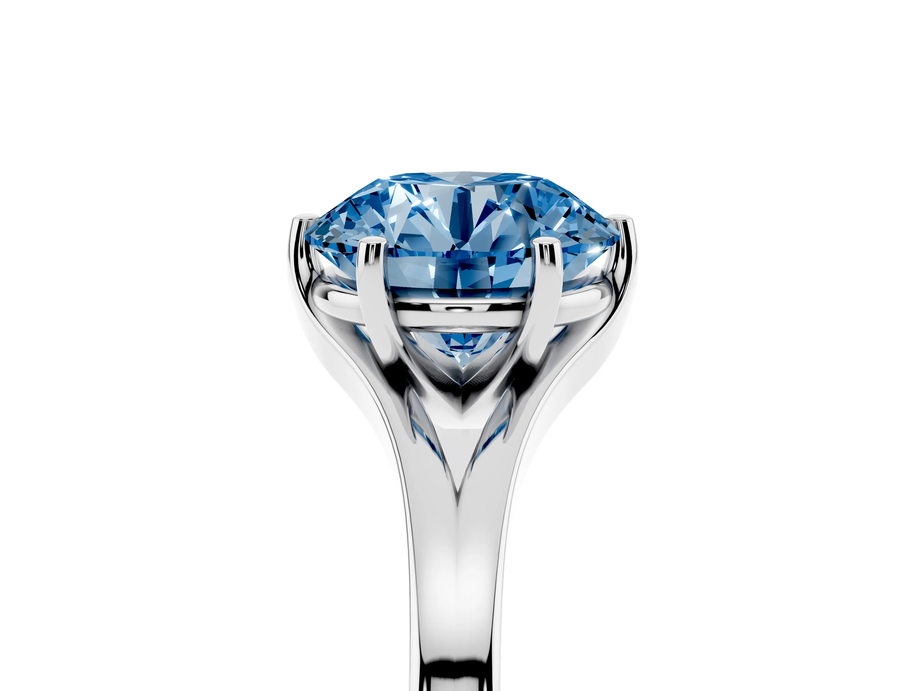 Fancy Blue Round Cut Diamond Solitaire Ring Set in Silver with Polished Tapered Band and Prong Setting