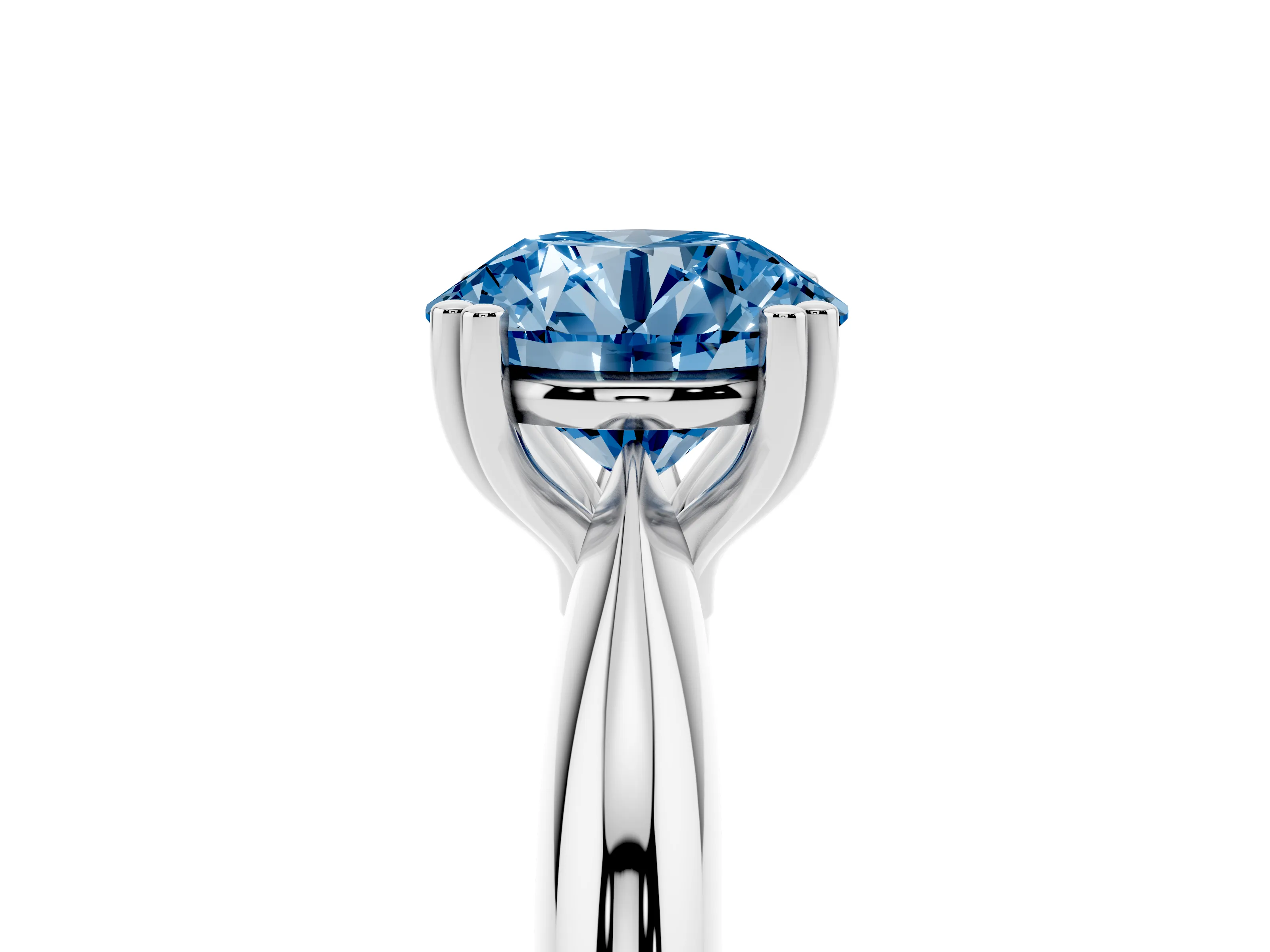 Fancy Blue Round Cut Diamond Solitaire Engagement Ring Set in White gold with Tapered Band and Prong Setting