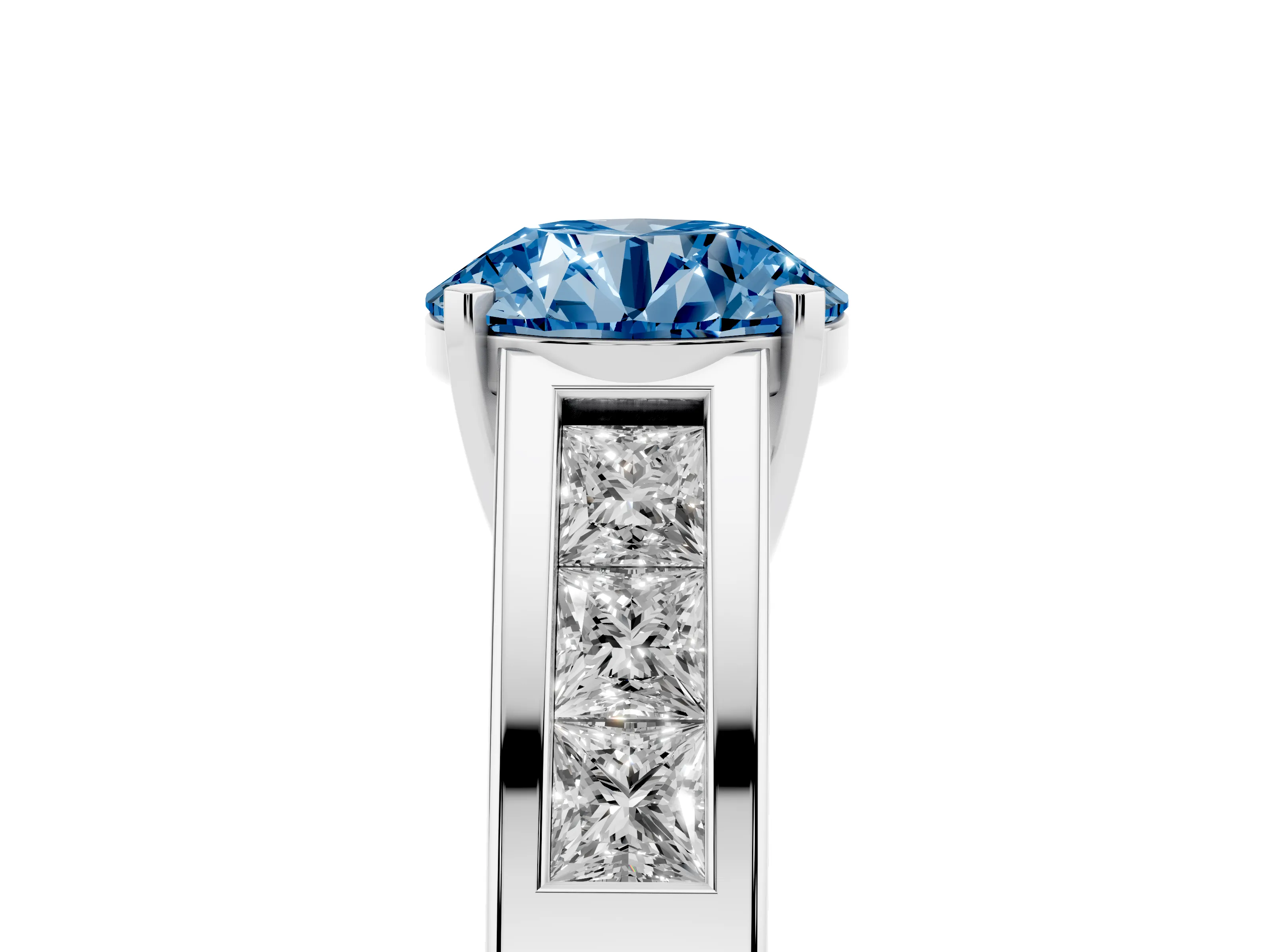 Fancy Blue Round Cut Diamond Solitaire Ring Set in Silver with Channel-Set Accent Stones and Prong Setting