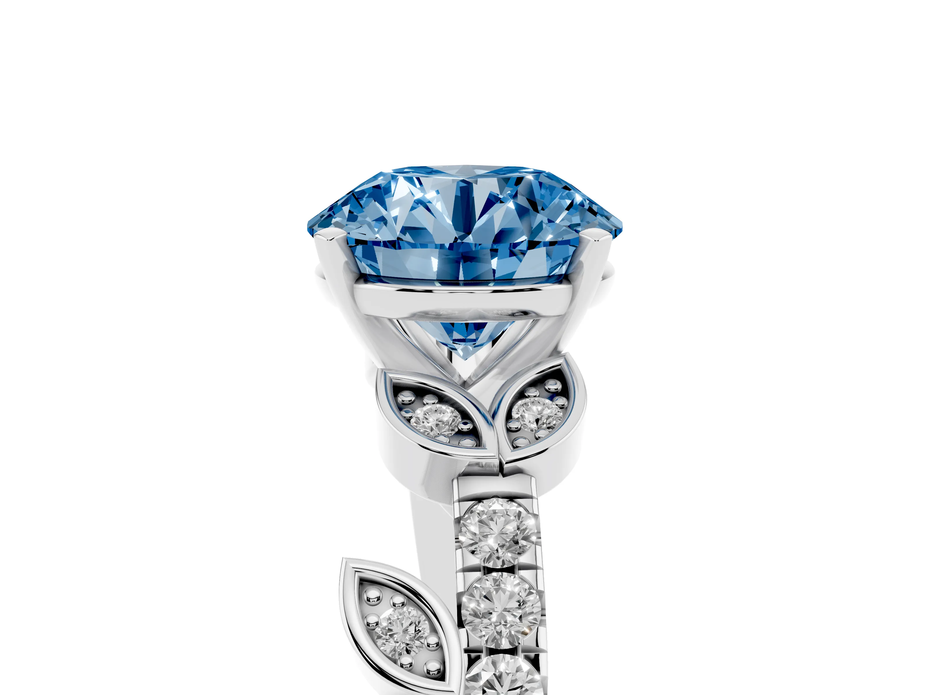 Fancy Blue Round Cut Diamond Solitaire Leaf-Inspired Ring Set in Silver with Pavé Band and Prong Setting